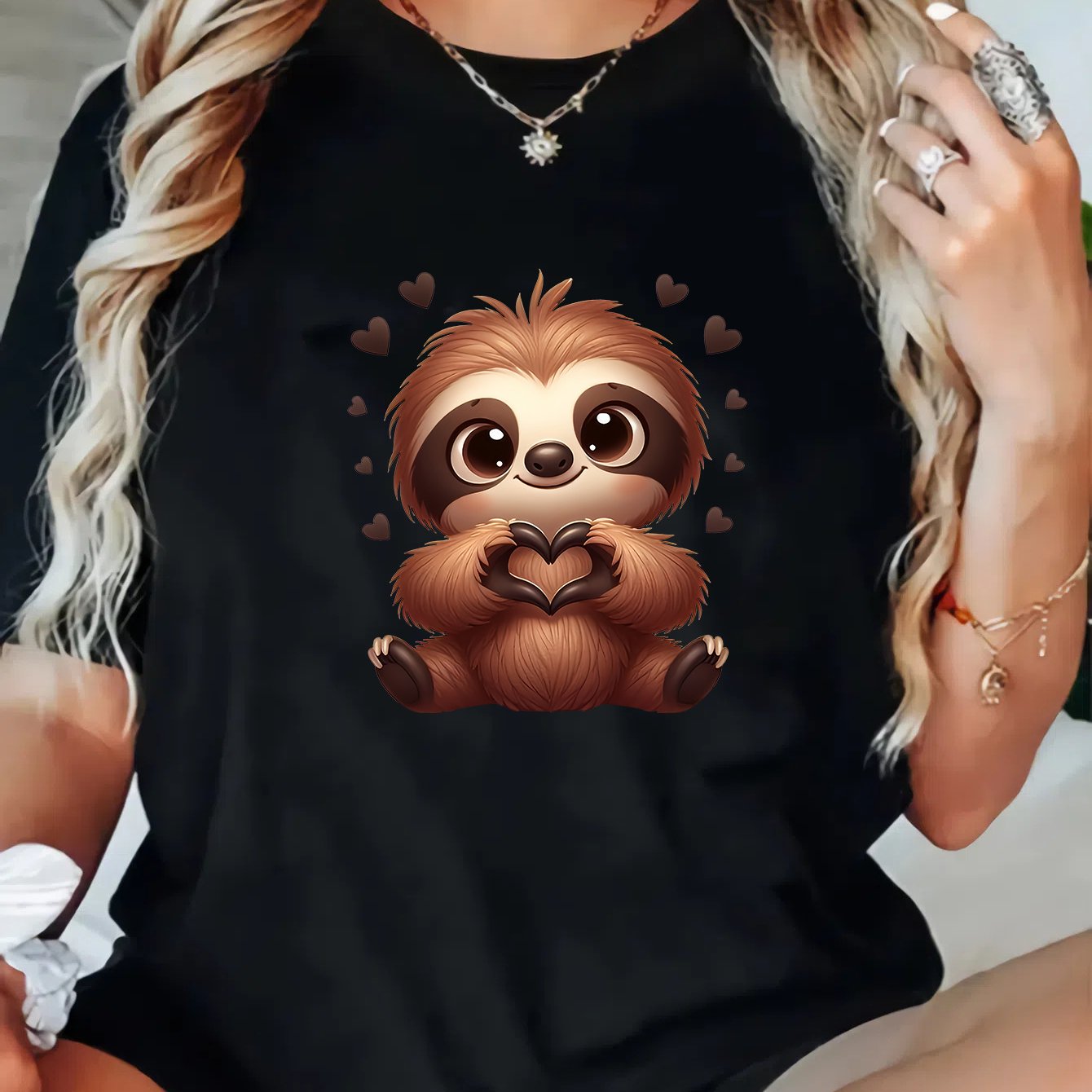 TEMU Plus Size - Plus Size - Plus Size Casual Women's T-shirt With Sloth Print, Short Sleeves, Round Neck, And Stretch