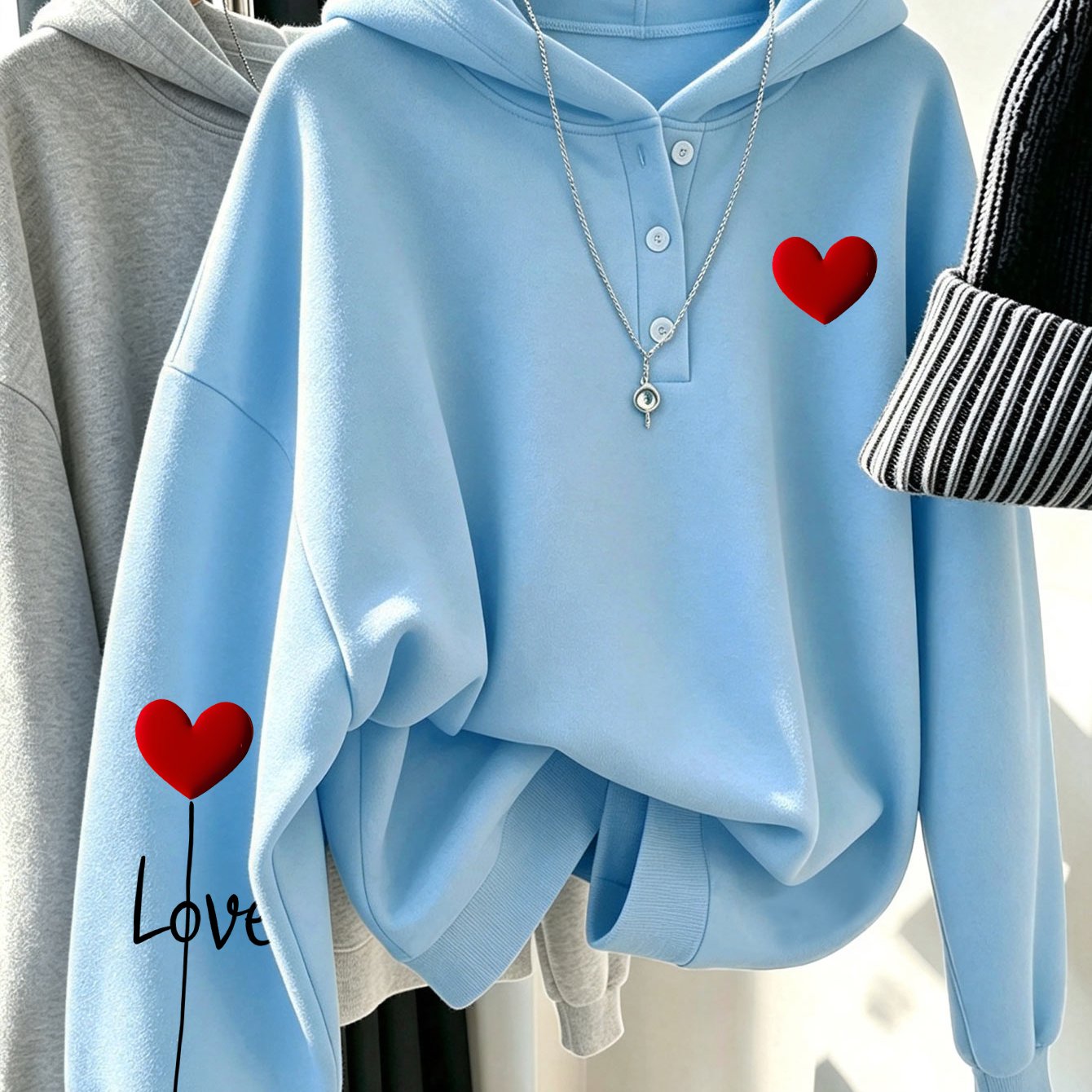 TEMU Artistic Letter Heart Balloon Pattern Print - Y2k Button-front Hoodie With Hat - Fashionable And Comfortable Button-front Jacket, Suitable For ,