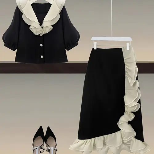 2025 summer elegant skirt 2 piecs set for women ruffles short sleeve single breasted cardigan irregular double ruffles skirts set for women outfits female clothing women chic suits