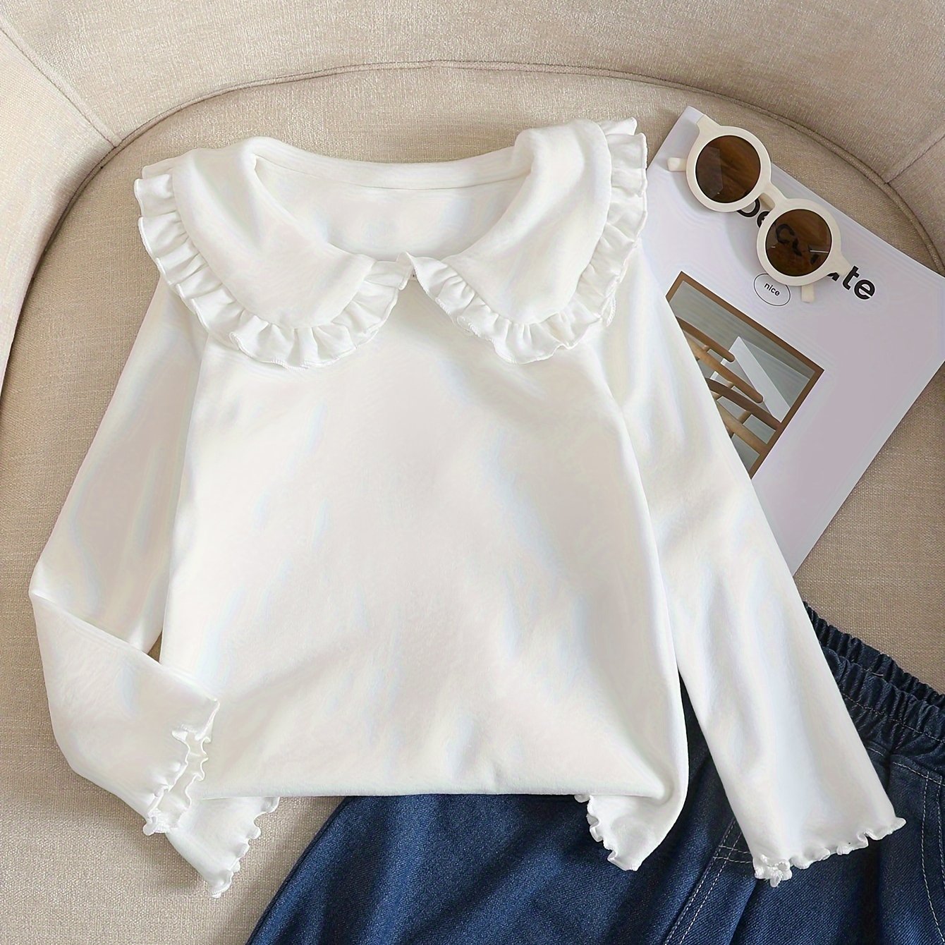 Girls Solid Ruffle Trim Long Sleeve T-shirt Top Gift, Korean Style, Princess, Base Layer