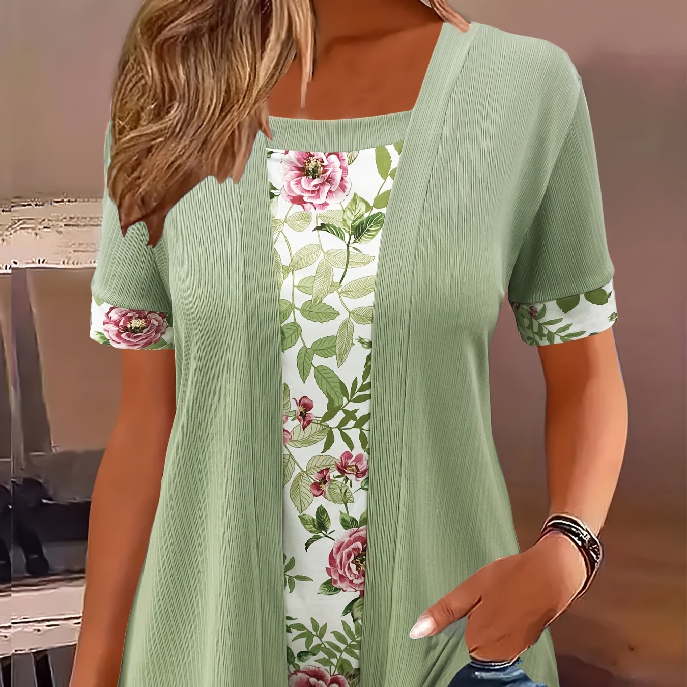 Plus Size - Plus Size - Extended Fake Two-piece Casual Printed Jacket And T-shirt