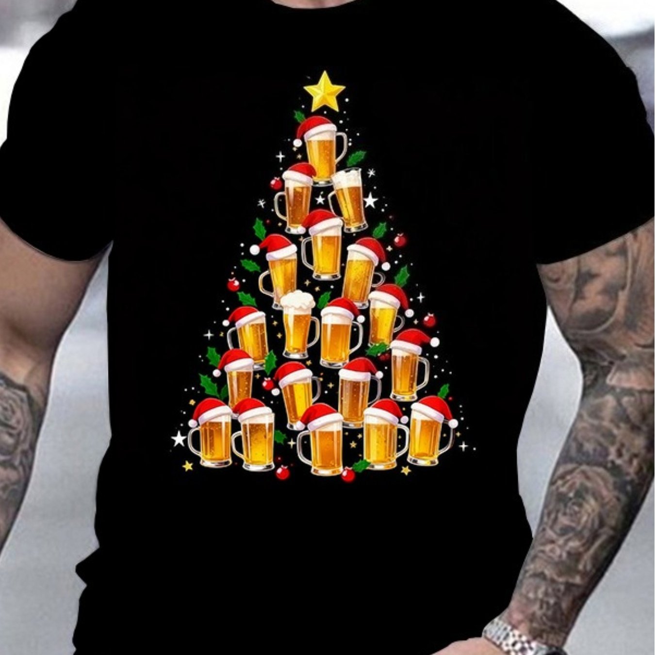 TEMU T-shirt pour homme avec motif sapin de Noël et bière, parfait pour les réunions décontractées, cadeau humoristique pour , ou pères, convient aux