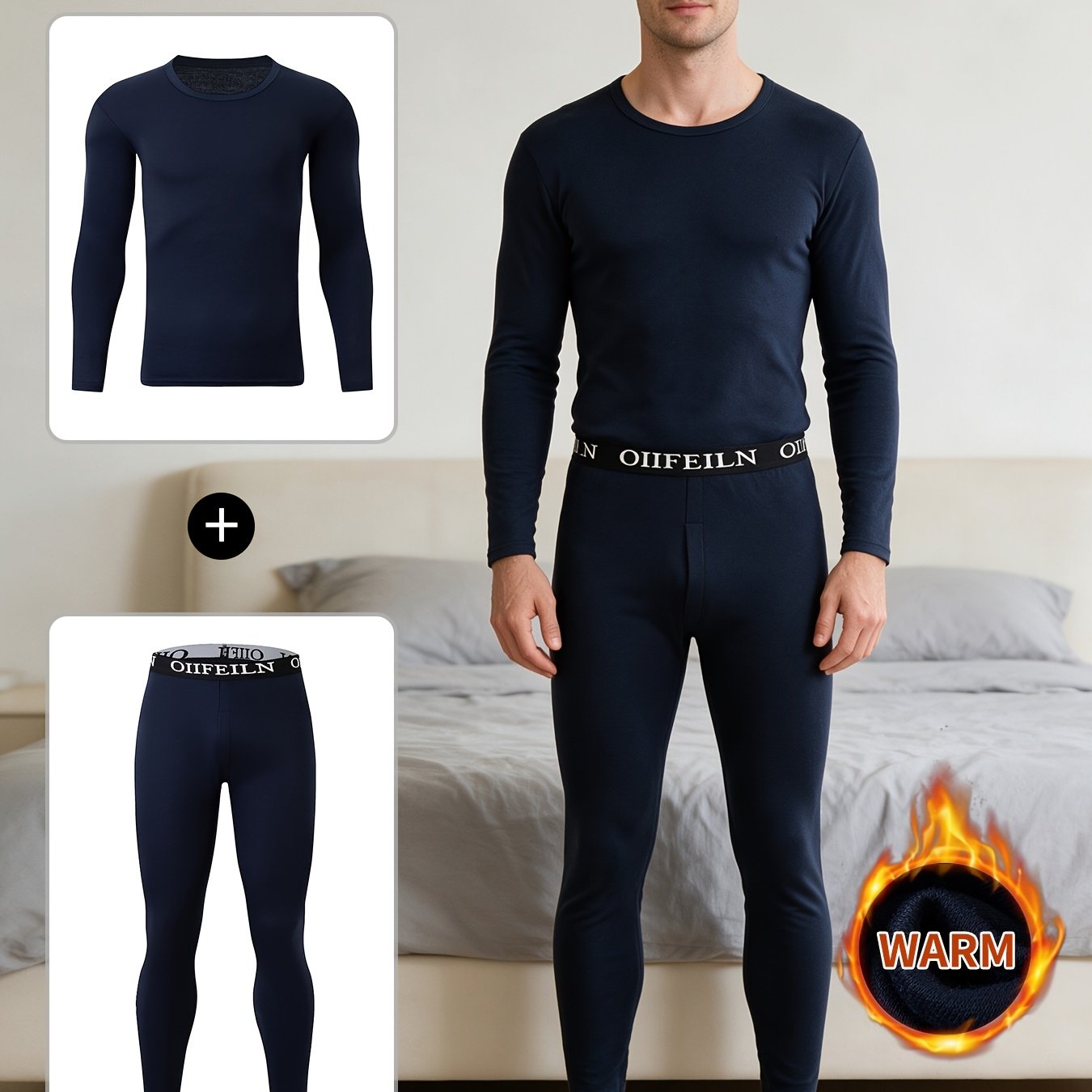 TEMU 2pcs Set: Autumn/winter Warm Casual Inner Layer Base Layer Set, Men's Long-sleeve T-shirt + Pants