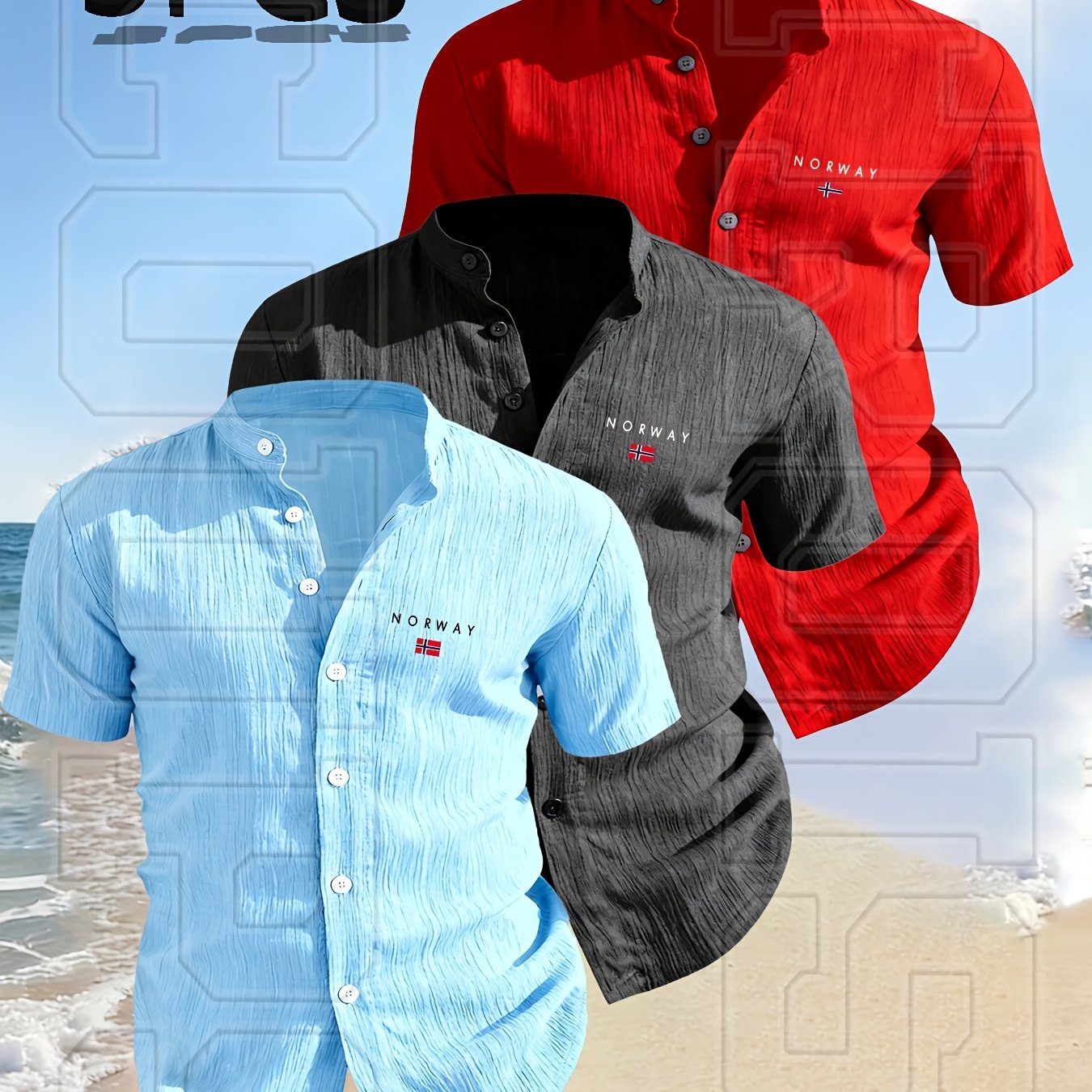TEMU [ Mei Obm] 3pcs Set, Individual Men's 2026 Men's Clothing -up Collar Solid Color Shirt - Geometric Pattern, Spring -quality Men's Short Sleeve