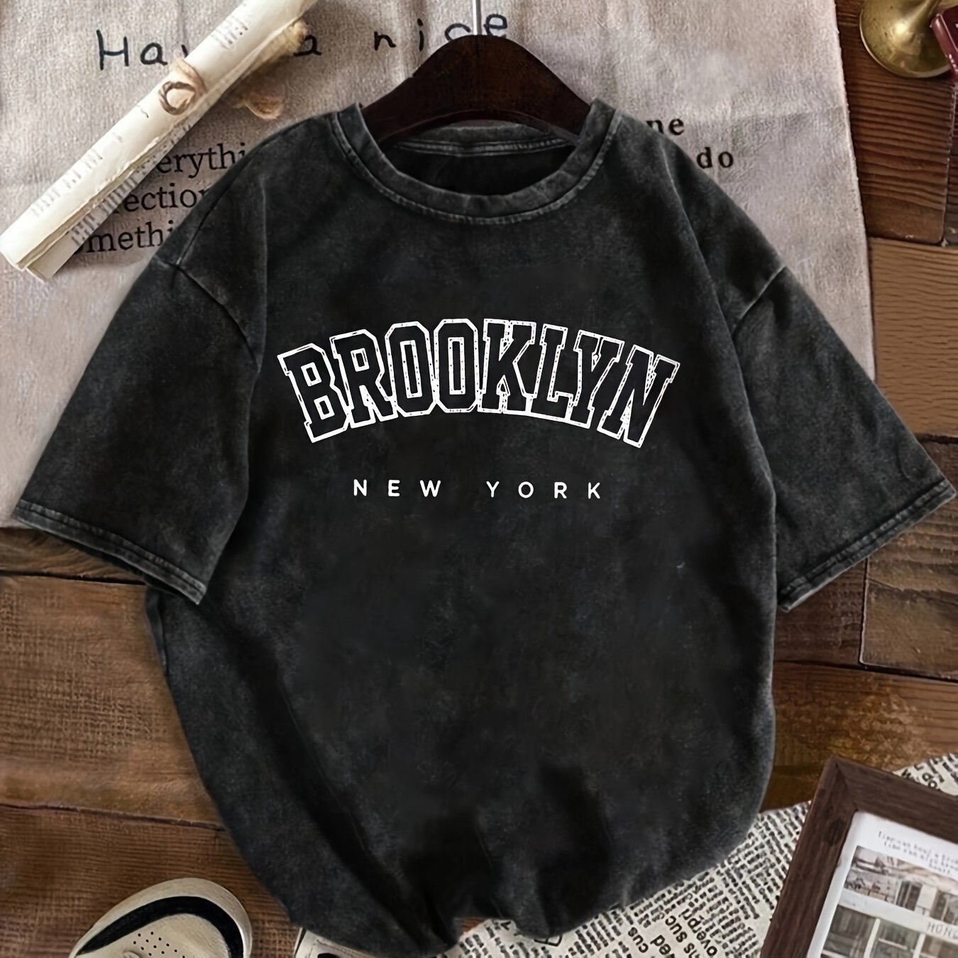 Image of Brooklyn Print Summer Men's Trendy Drop Shoulder Sleeve High Quality Heavyweight Plus Size Vintage Distressed Pure Washed Round Neck T-shirt