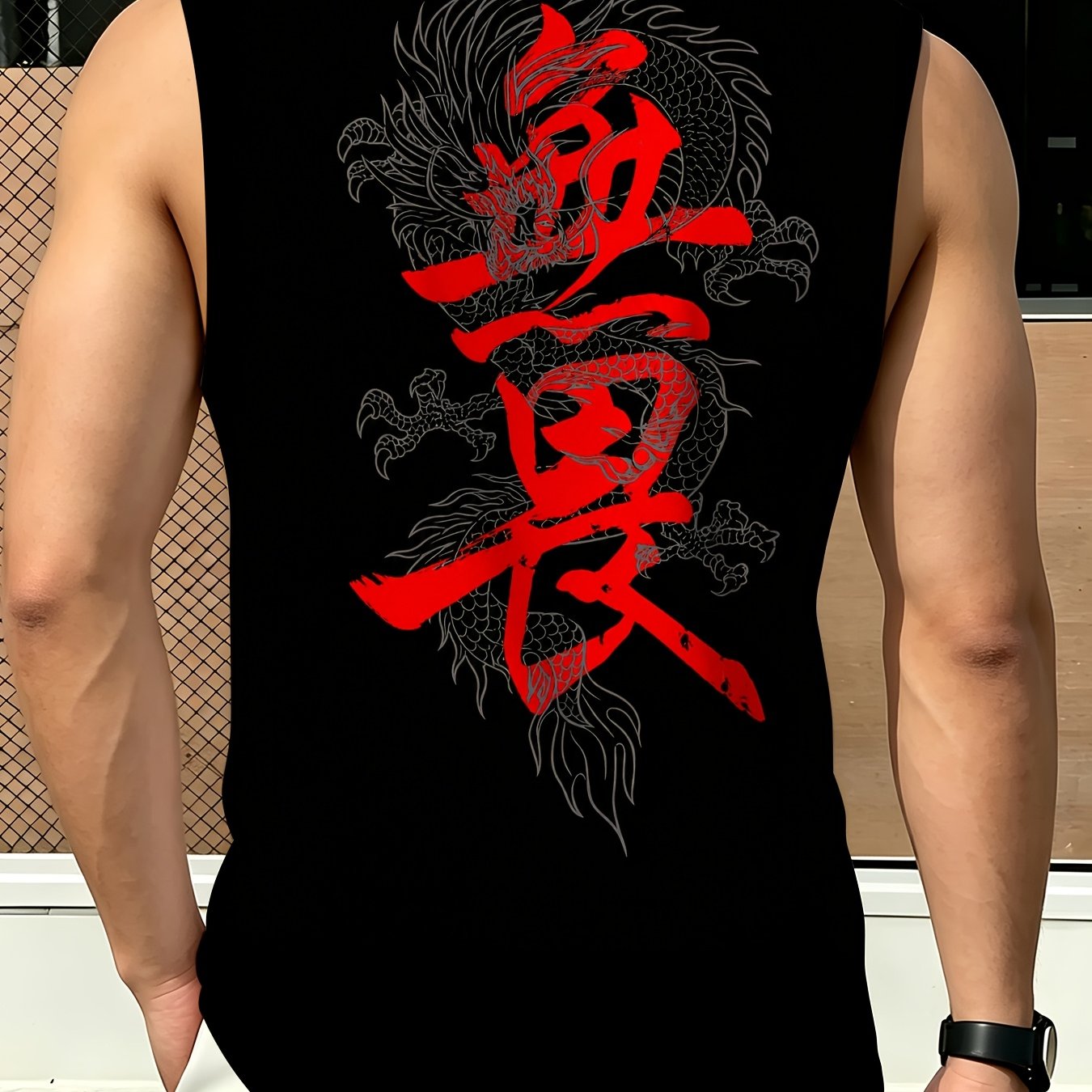 TEMU Men's Tank Top With Chinese Characters "fearless" Print, Loose Casual Fitness Sleeveless T-shirt, Easy And Versatile