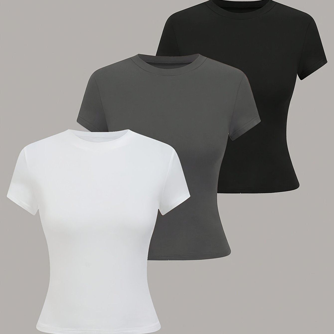 TEMU 3pcs Summer Women's Round Neck Short Sleeve T-shirt, Basic Solid Color Top