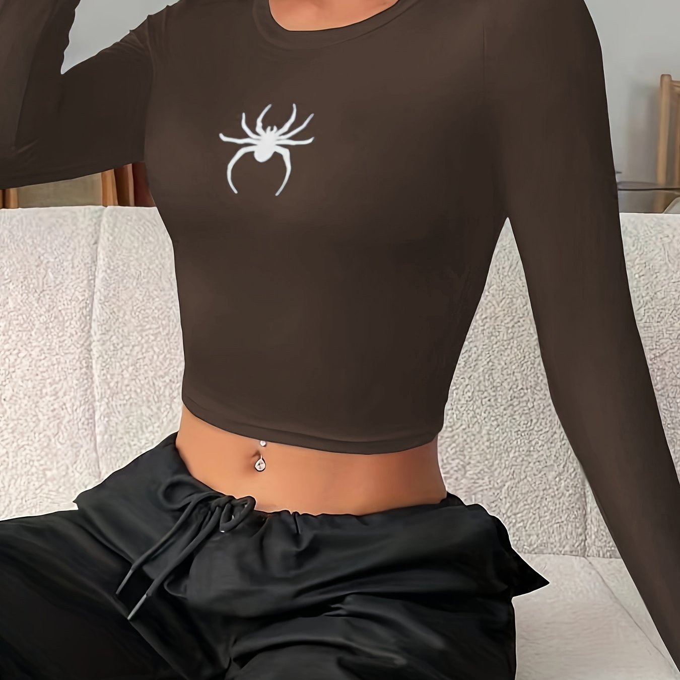 Spider Print Crew Neck Crop T shirt Casual Long Sleeve Top - Temu Türkiye