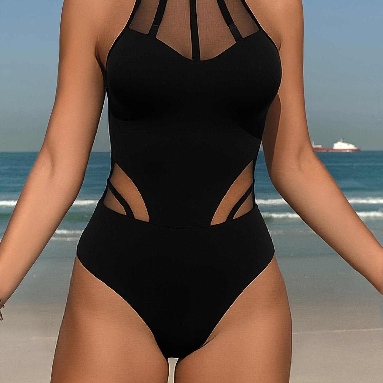 Image of Women's Fashion Sheer Mesh One-piece Swimsuit Set, 25ss Summer Trend