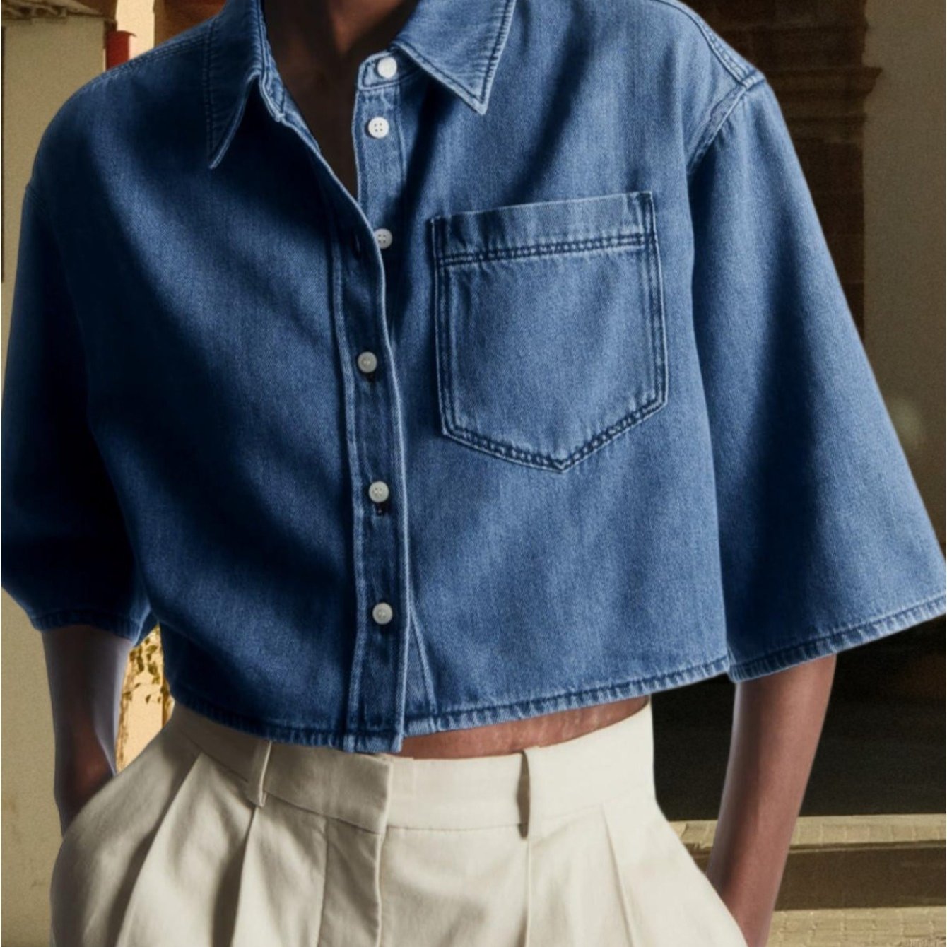 Women's Short Crop Denim Shirt Half Sleeve Button Jean Jacket With Pocket