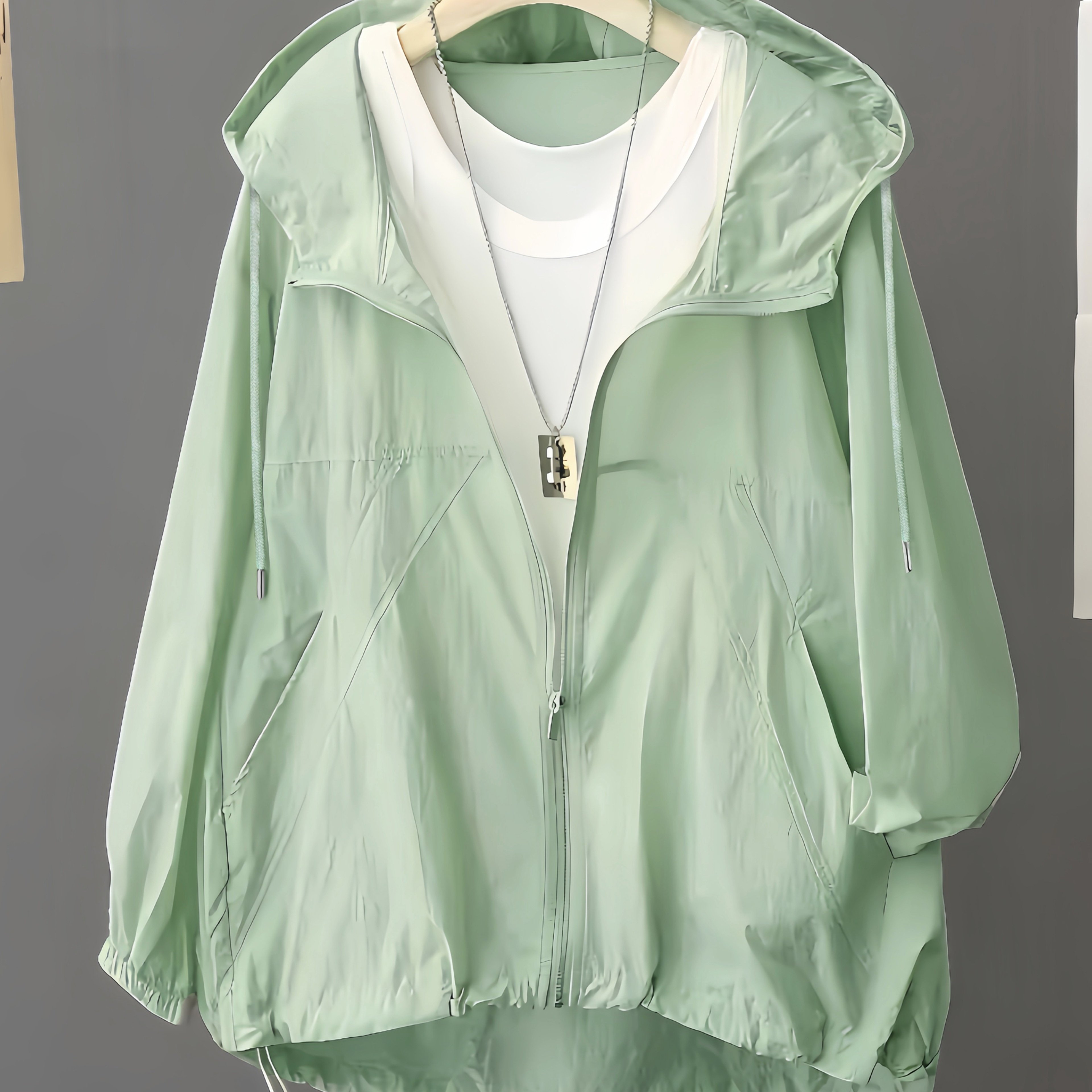 TEMU Plus Size, Women's Plus-size Lightweight Zip-up Hooded Jacket - Loose-fit Short Hoodie With Front & Pockets, Sheer Suitable For Spring Summer