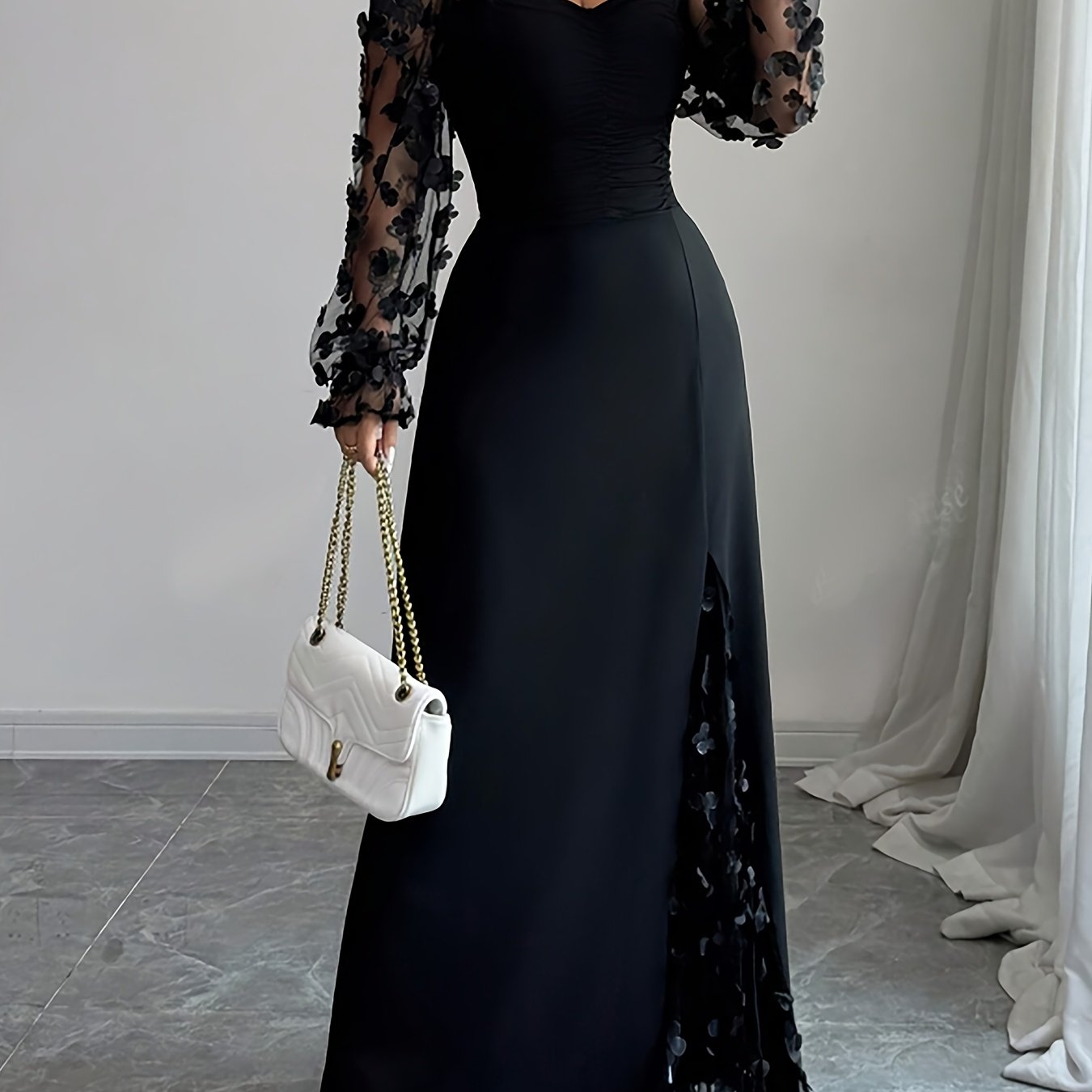 Image of Ladies Elegant And Exquisite Dating Party Dress Square Collar Lantern Sleeve Mesh Stitching Slim Waist A Swing Long Dress