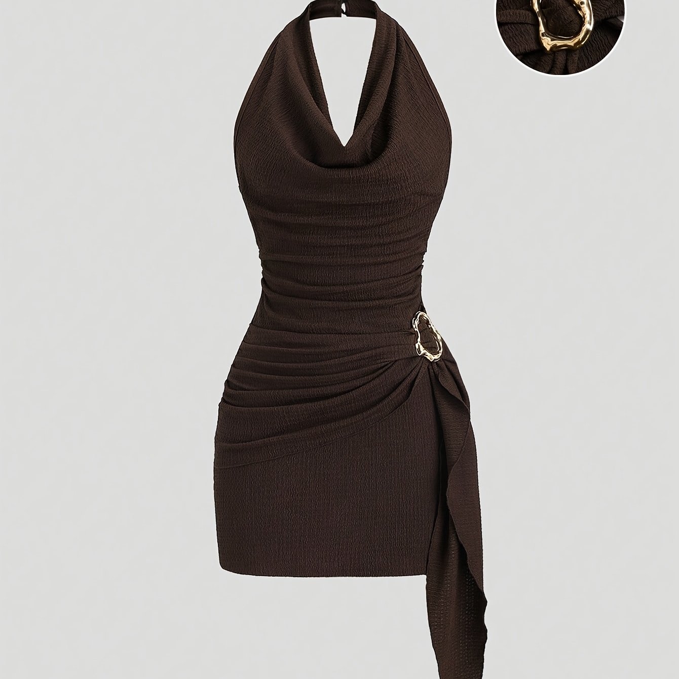 Image of Sexy Dress With Draped Neckline, Waist, Asymmetrical Hem, With Metal Buckles, Elegant Party Design, Early Spring Fashion