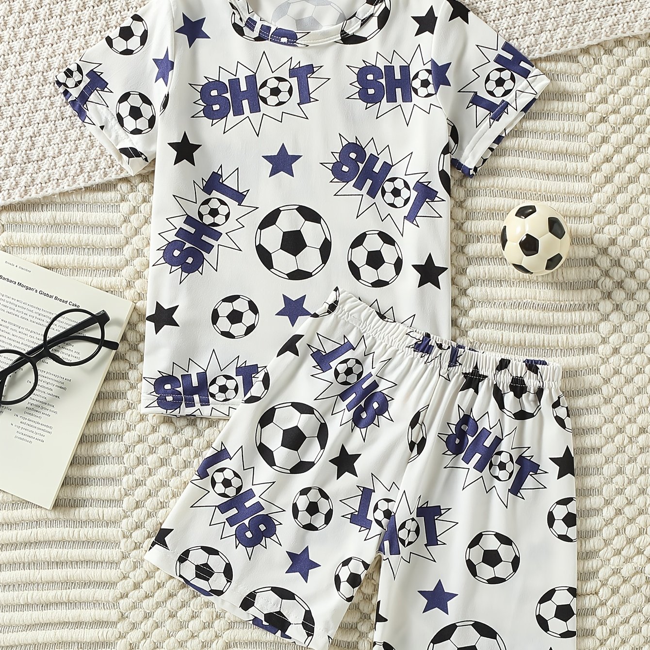 Image of 2pcs Set Of Boys' Pajamas, Summer Large Size Boys Soccer Pattern Short Sleeve And Shorts Combination Pajamas, Young Boys' Summer Loose Thin 4-13 Years Old Full Size Range Boys' Pajamas