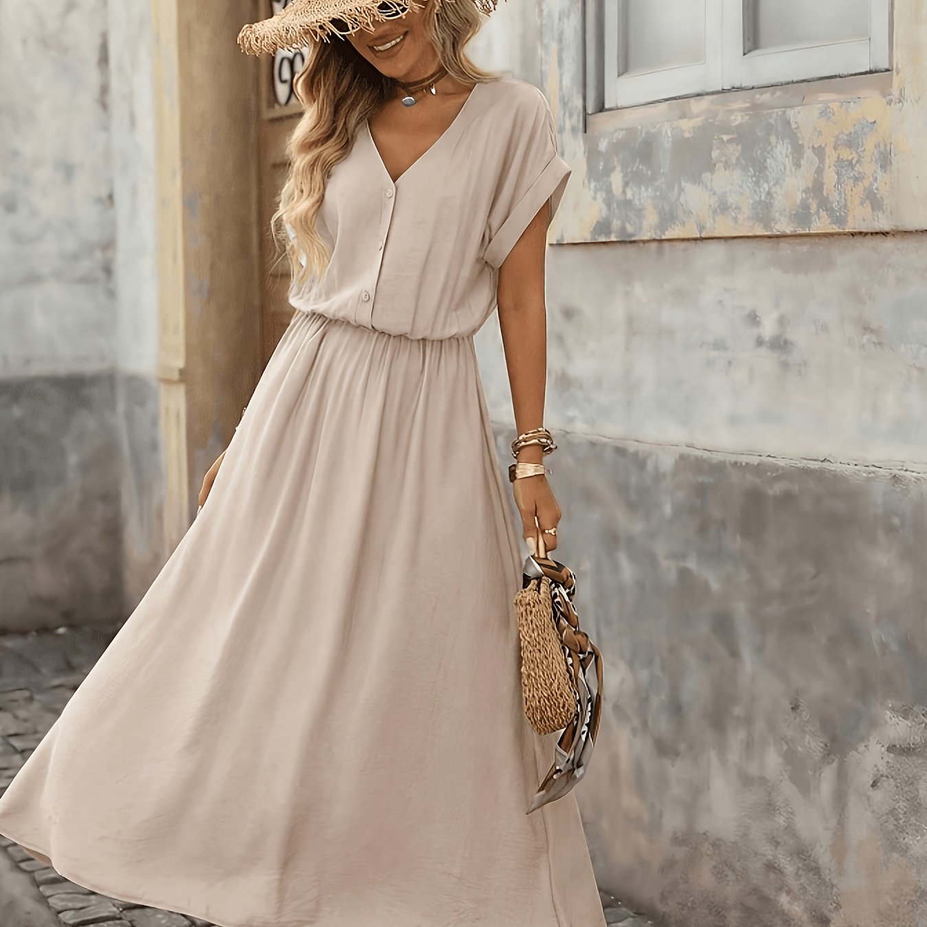 Spring/summer Holiday Dress, V-neck, Textured Fabric, Women's Short Sleeve Loose Dress, Summer Beach Dress