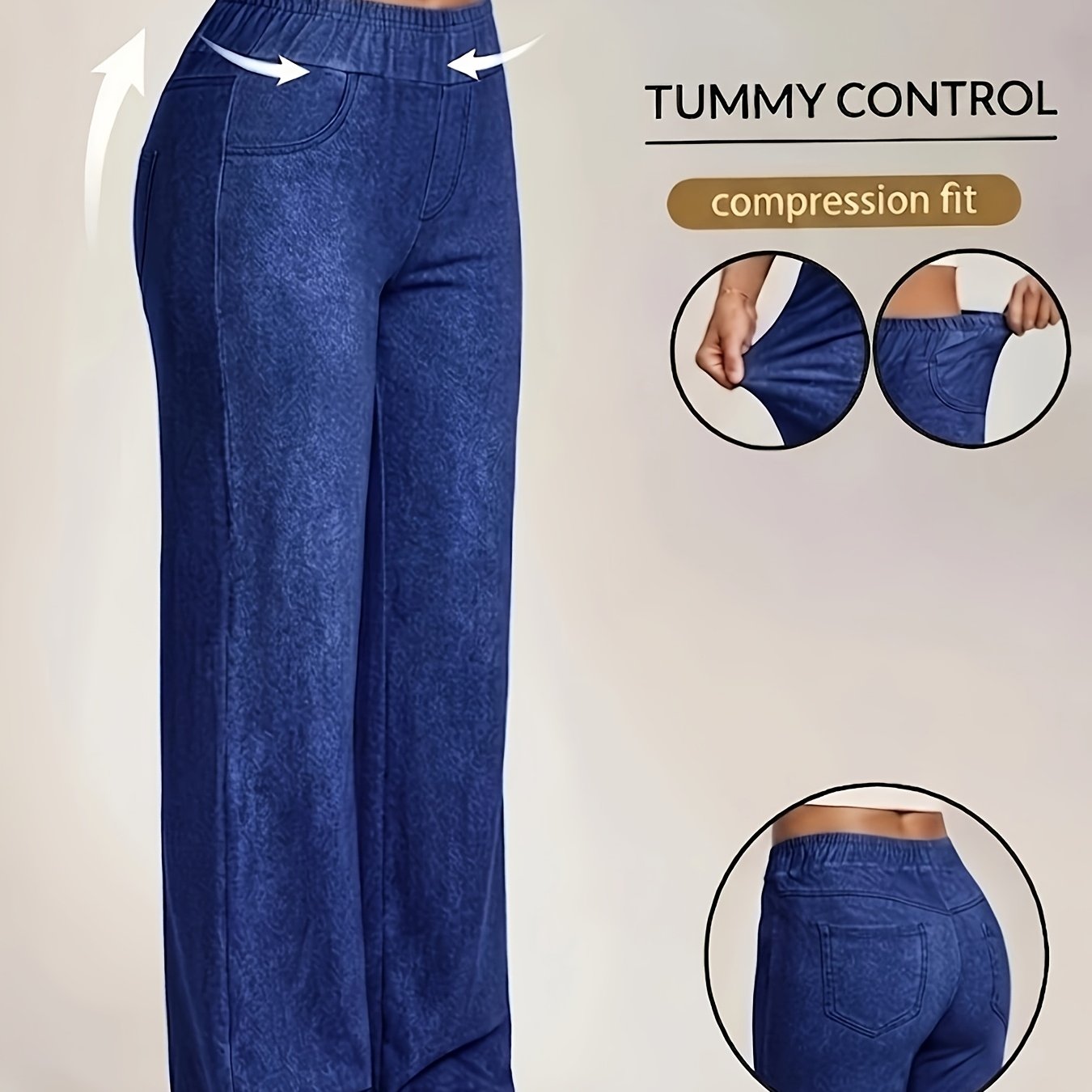 TEMU Plus Size, Leggings - Not Denim Fabric, Women's 2026 New Style Wide-leg Blue Stretch Printed Pants, Printed Elastic Waist Fabric Straight-leg