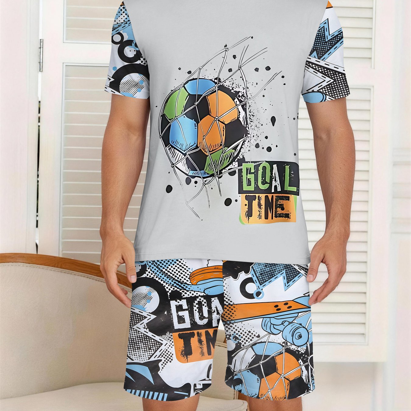 Nogometni GOAL TIME 3D digitalni tisk moški pižame s kratkimi rokavi in kratkimi hlačami z okroglim izrezom 100% poliester z rahlo