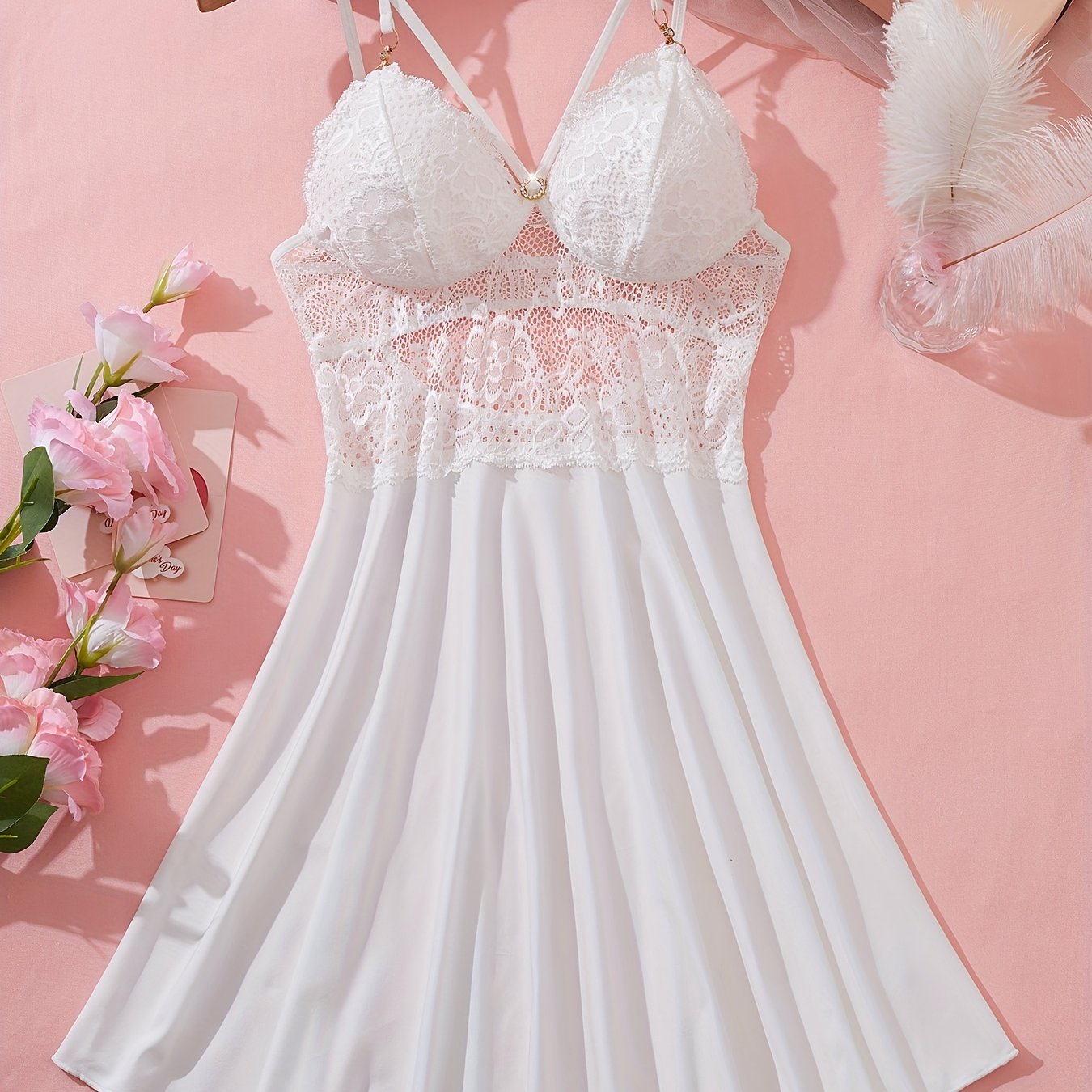 Image of Elegant Lace V-neck Strapless Nap Skirt, Lovely Solid Color Lace Pajamas Suitable For , Fiber And Fabric, Pajamas And Sleeping Suits Suitable For Women
