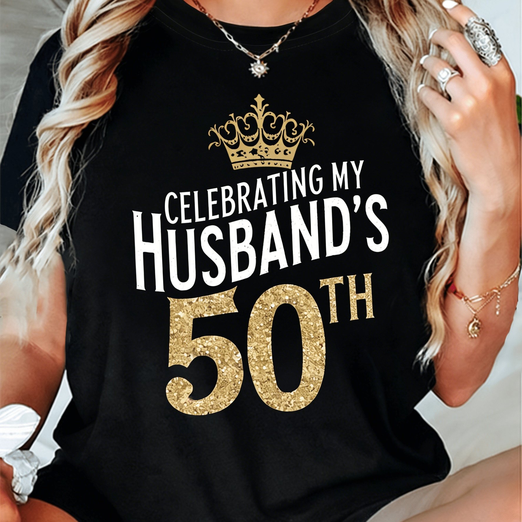 Image of My Husband's 50th Birthday T-shirt, Crown Golden Glitter Graphic Tee, Casual Birthday Gift Top