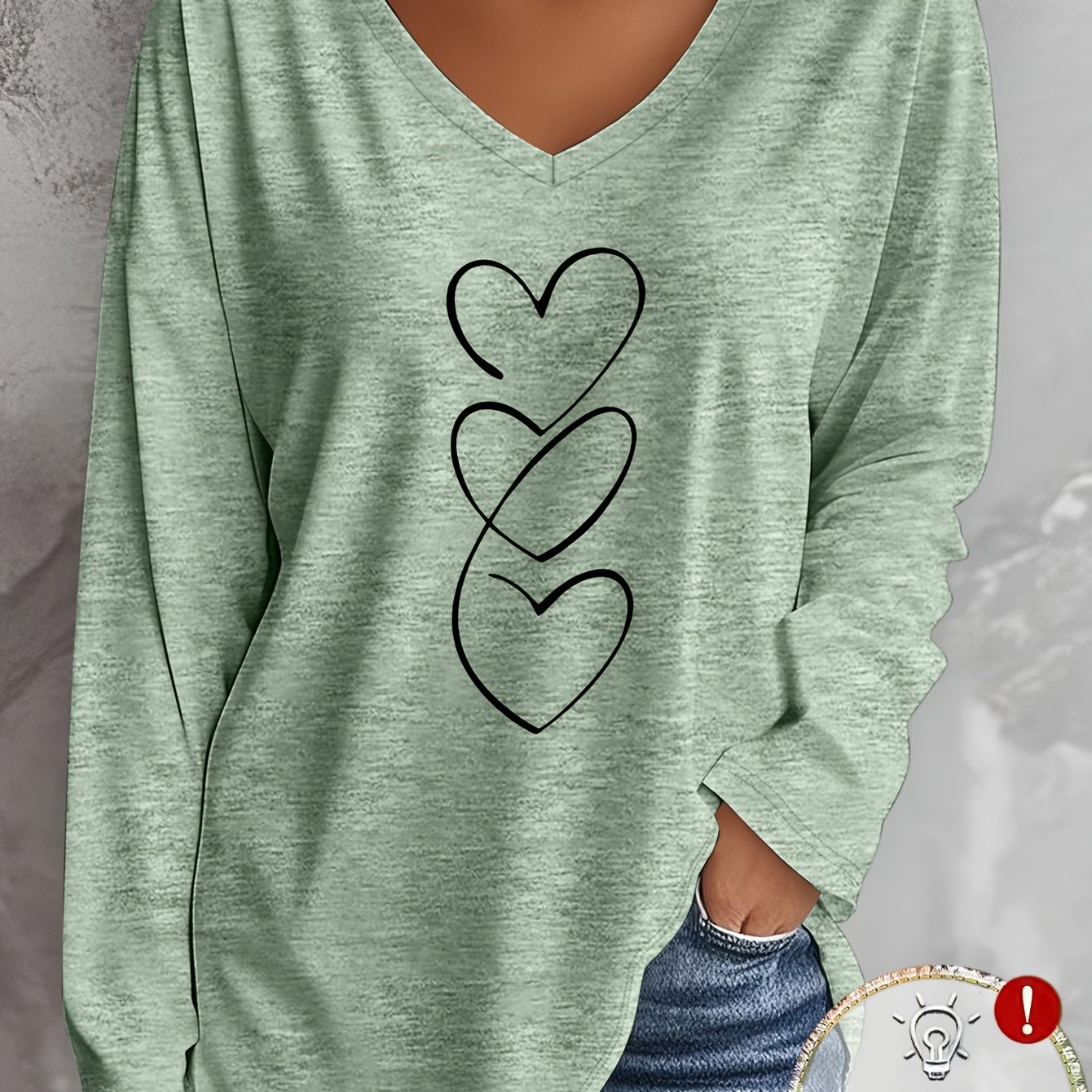 TEMU Plus Size Women's Oversized Vertical Hollow Heart Print V-neck Long Sleeve T-shirt, Easy Gentle Style Loose Top, Spring/autumn Home Casual