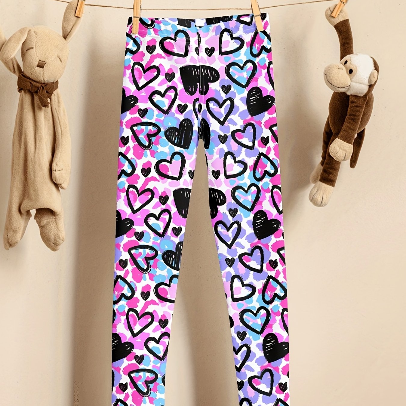 Image of Black Print Low-rise Leggings For Girls, Super Soft And Stretchy Casual Ankle Pants, Teenage Girl Clothes