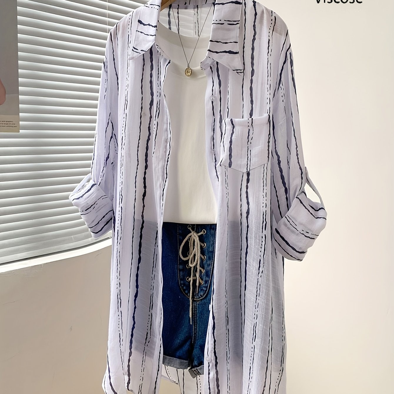 Image of New Stylish Thin Semi-transparent Striped Print Long-sleeve Shirt, Loose Fit Casual Cuff Mid-length Cardigan Blouse For Women, Fashionable With A Sense