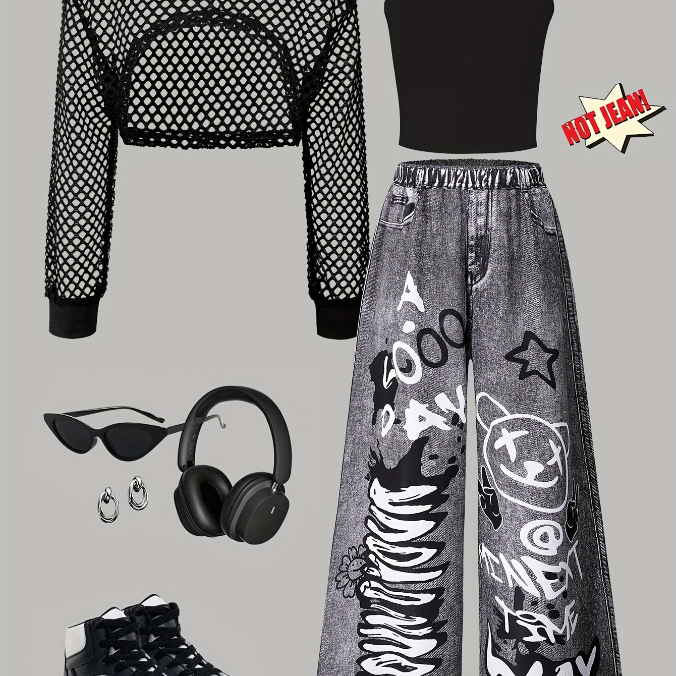 Image of Spring And Autumn 3pcs Set, Girls' Fashion Mesh Long-sleeve Pullover And Camisole And Graffiti - Denim Long Pants, For Outdoor, Back To School Essentials