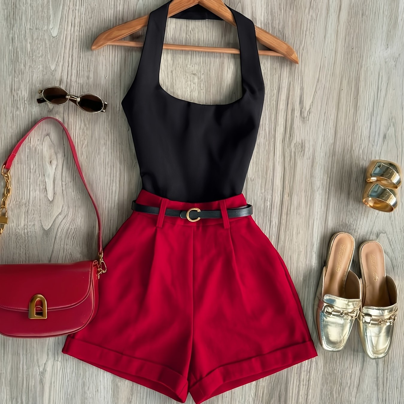 E-shop Frühling/Sommer Damen 2-teiliges Modisches Träger-Top mit Rückenfreiem Design Shorts Casual Set, Ideal für , Pendeln Einkaufen. Gürtel nicht