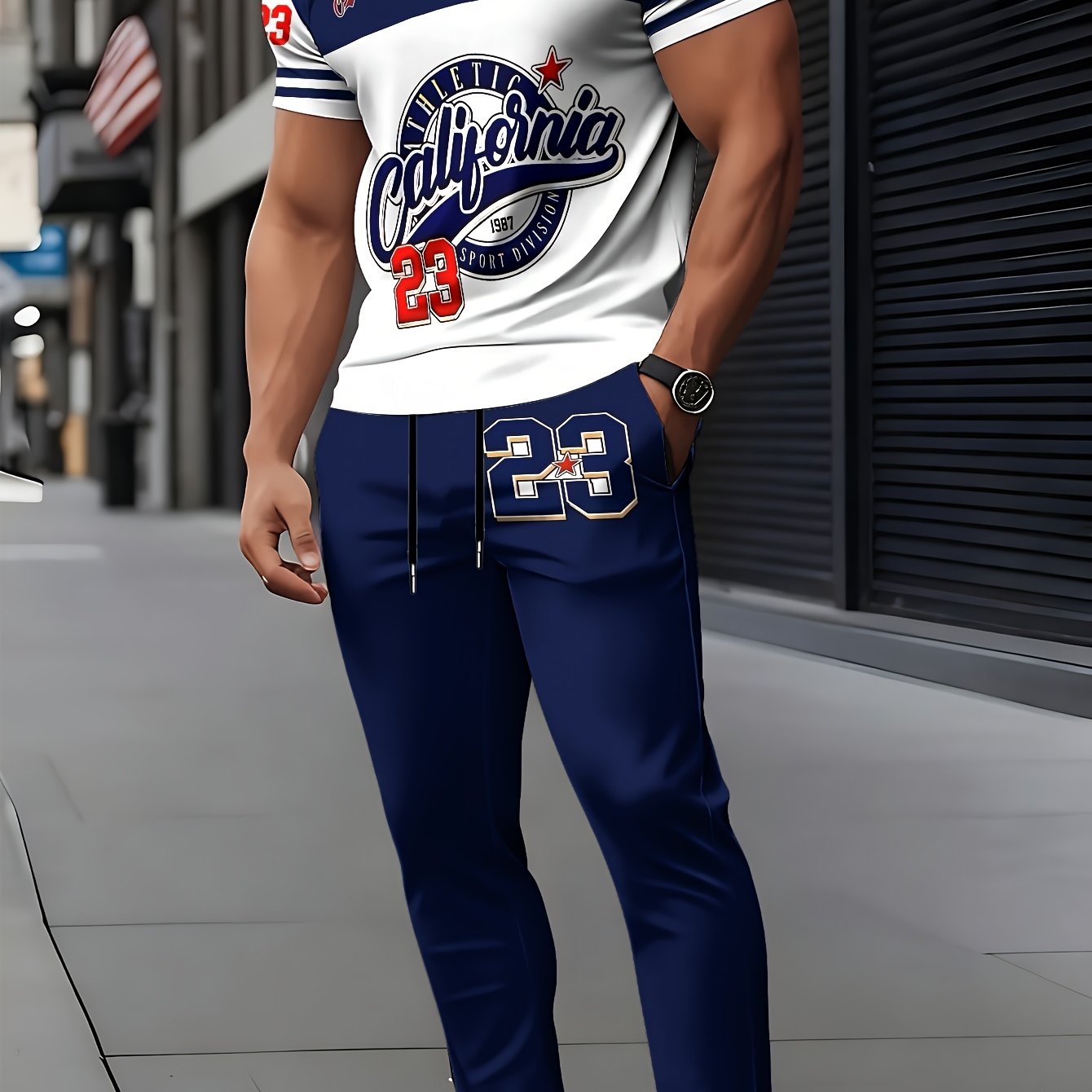 TEMU Spring Summer Fashion Urban Style Men's Plus Size, 23 Number Print Gradient Casual Athletic Short Sleeve And Long Pants Outfit, Suitable For