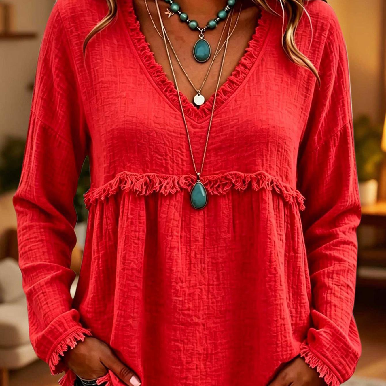 Image of Women's Fall Winter Casual Top Solid Color V-neck Long Sleeve Fringe Ruched Loose Elegant Versatile Fashion Cute Boho Style 2026 Daily Outing Trendy Outfit