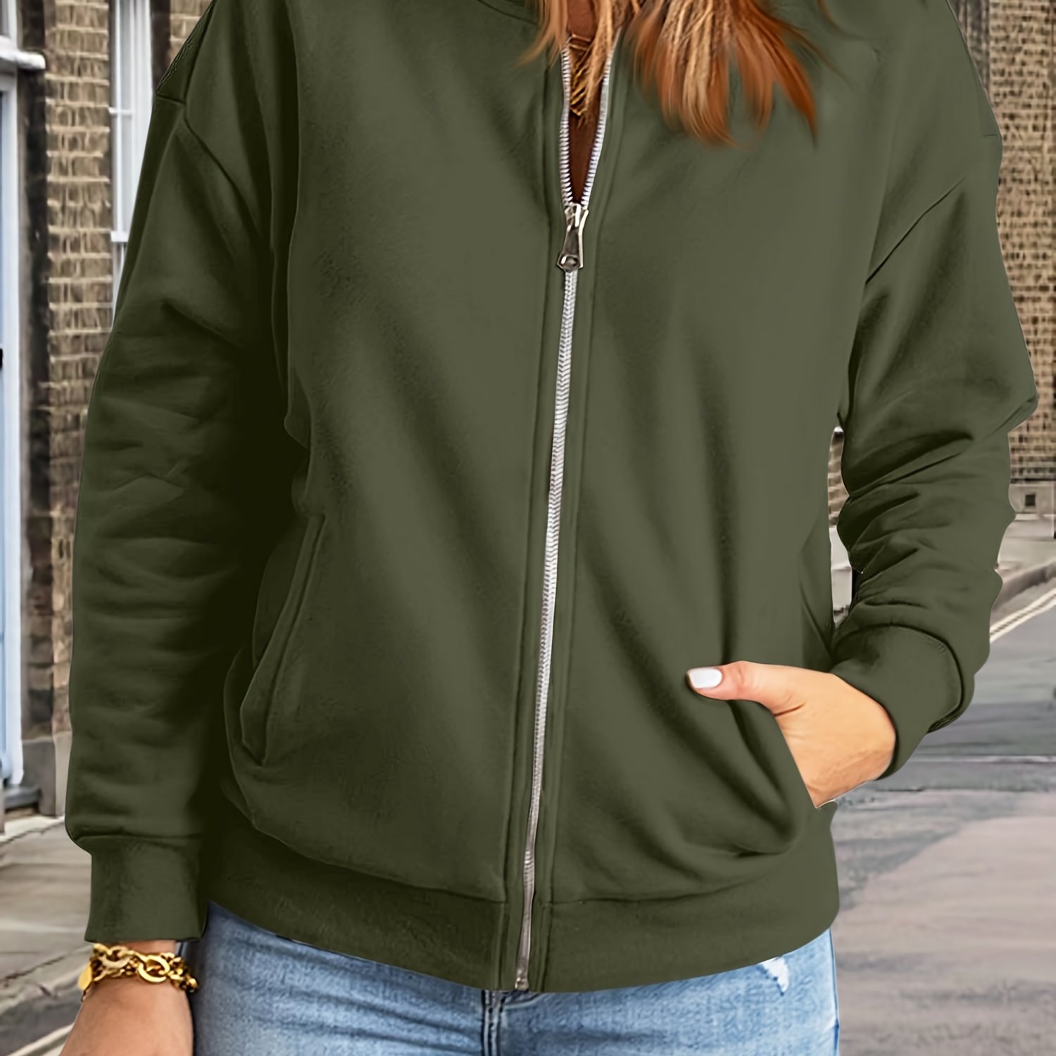 Image of Plus Size, Women's Oversized Zip-up Cardigan Jacket With Front Pocket - Large Black Stand Collar Loose Fit Swe Coat, Spring/autumn Outerwear, Machine Washable Casual Blazer For Layering