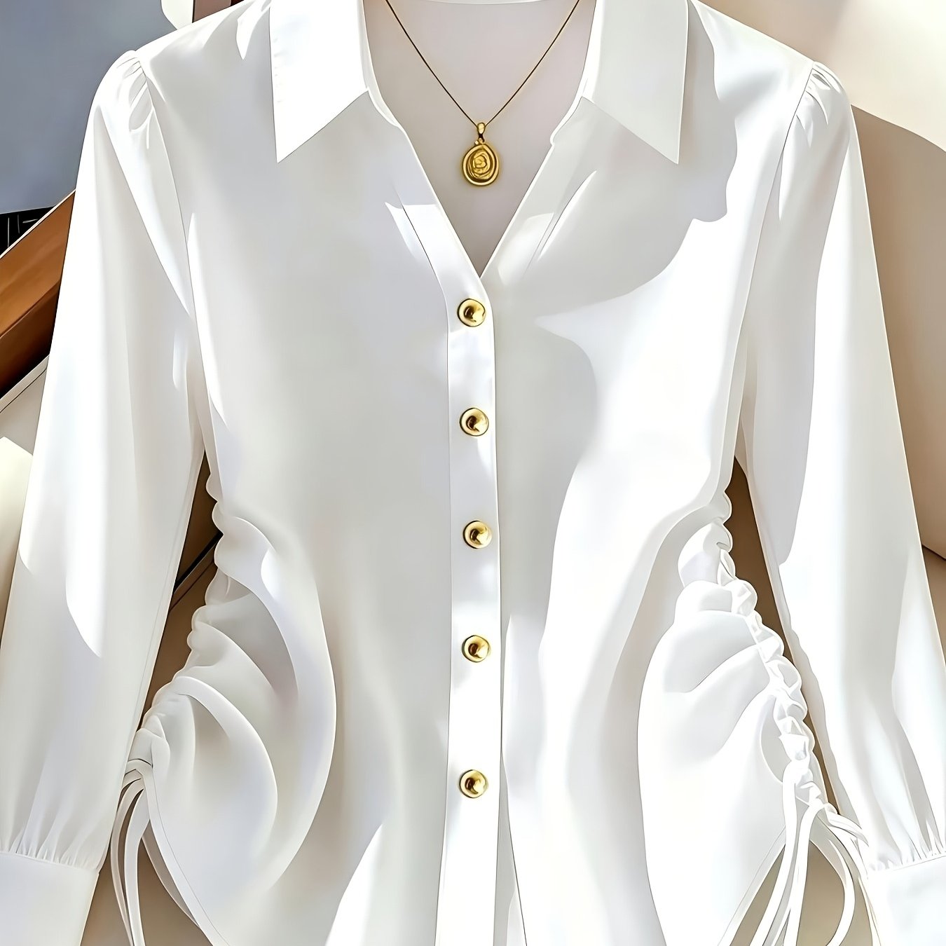 TEMU Women's Fashionable Solid- Shirt With Side Drawstrings, Suitable For Outdoor Shopping And Work Commutes, Worn Without Accessories