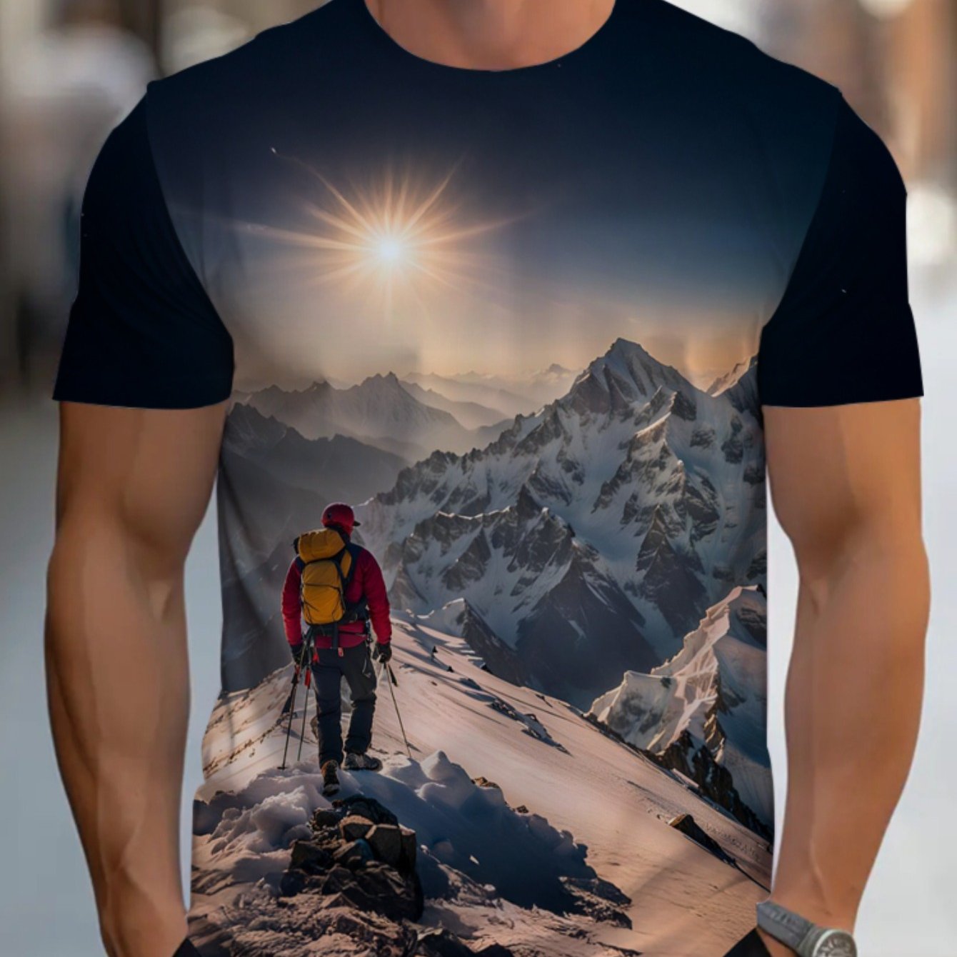 TEMU Men's Lightweight Outdoor T-shirt With Mountain Hiking Print - Durable Polyester Short Sleeve Shirt, Dark & Vibrant Suitable For Camping,