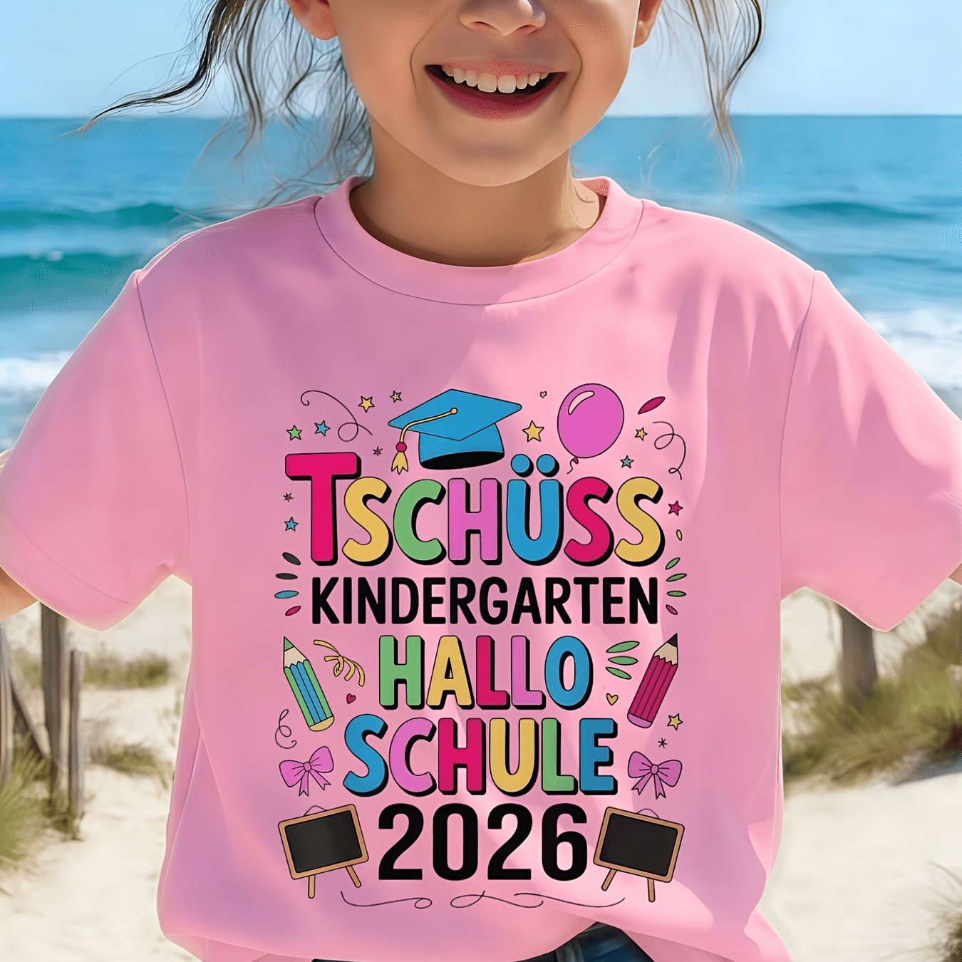 Image of Farewell Kindergarten, Welcome 2026 School T-shirt - Adorable Kawaii School And Pencil Pattern, Short Sleeve Crew Neck Girls' Top, For Day Of School