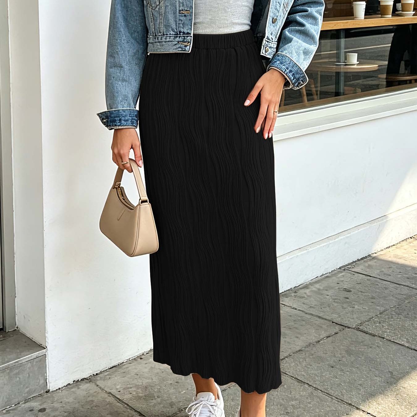 TEMU New Autumn Water Ripple Print Skirt For Women, Fashionable Versatile Elastic Waist Loose Fit Midi Skirt, Women's Bottomwear