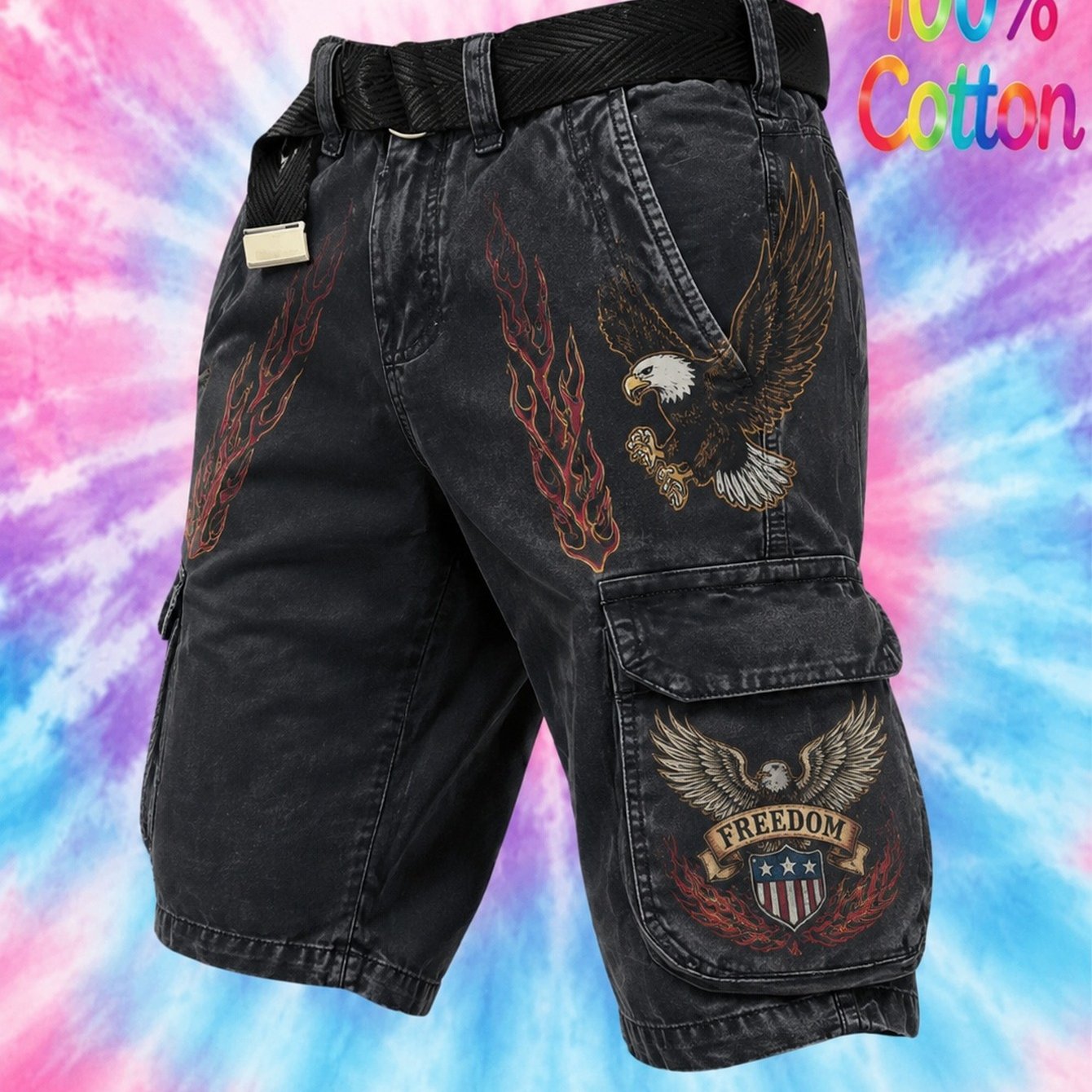 's Retro Cargo Shorts (no Belt) Featuring An Eagle And Flame Print, Suitable For Work And Casual Wear. Includes Multiple Practical Pockets. A Stylish And Versatile Men's Outfit.