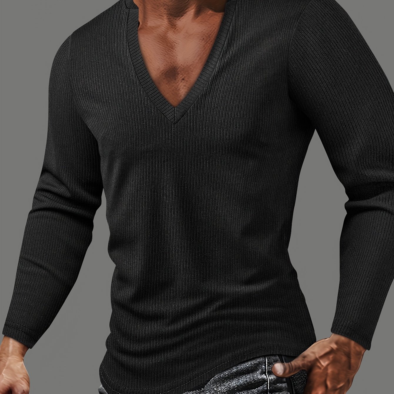 Men's Textured Striped Fabric V-neck Slim Fit Long-sleeved Outdoor Sports Henley Shirt