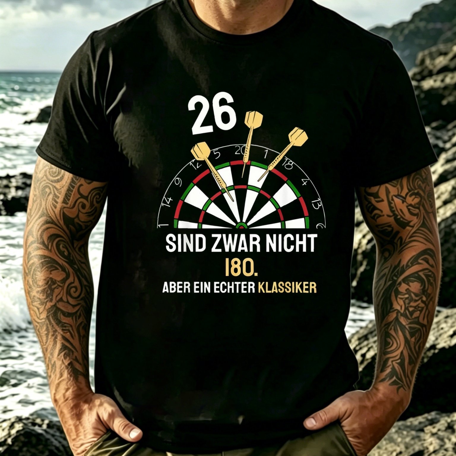 Men's Vintage Dart-themed T-shirt - Funny German Dart Saying 26 Sind Nicht 4 57meter (26 180) And Dartboard Graphic, Black Casual Tee With Dart Flight Icons, Fit For T-shirt