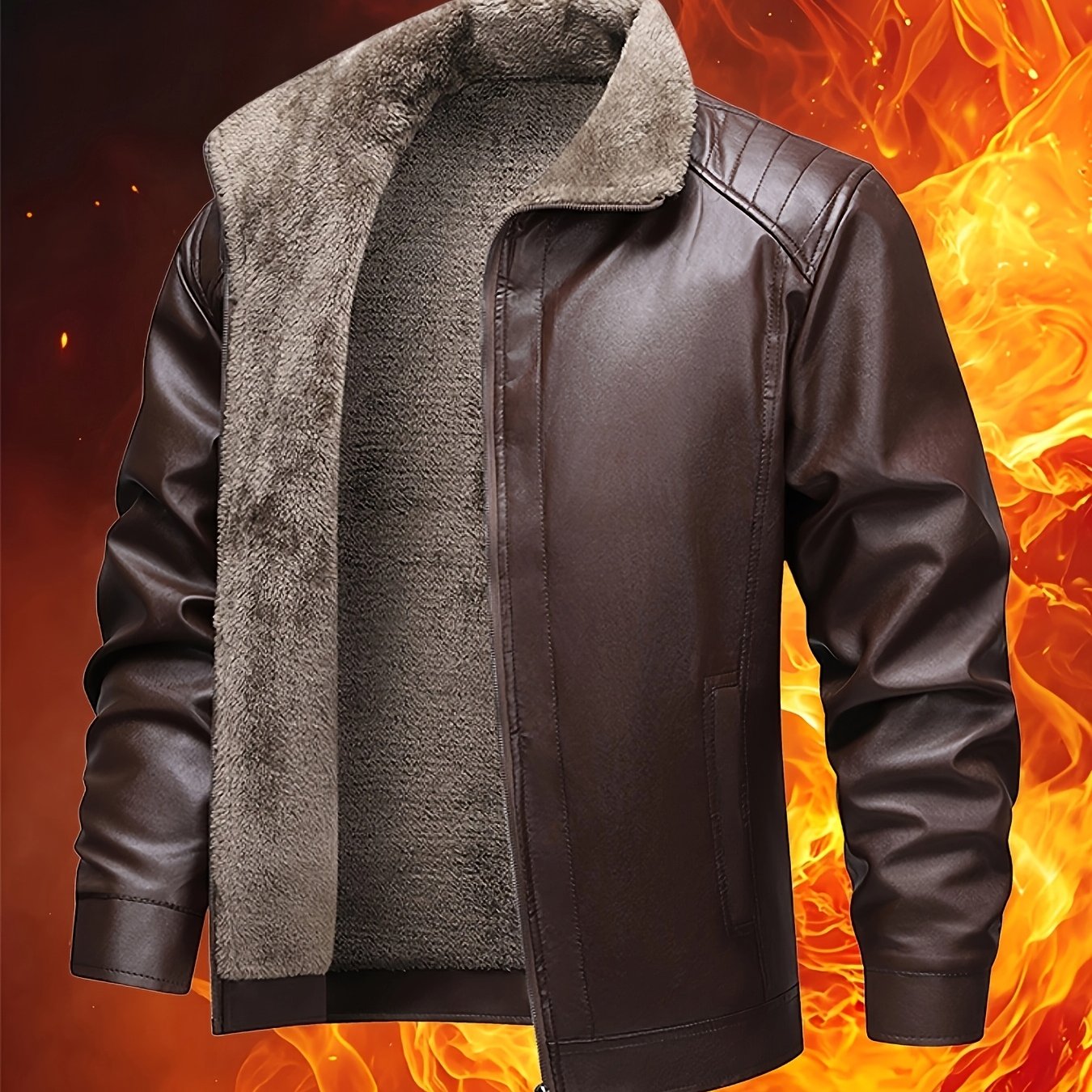 TEMU Men's Fleece-lined Jacket, Winter Thickened Lamb's Lining, Stand Collar Zipper Motorcycle Riding Jacket, Windproof And Warm Casual Outerwear,