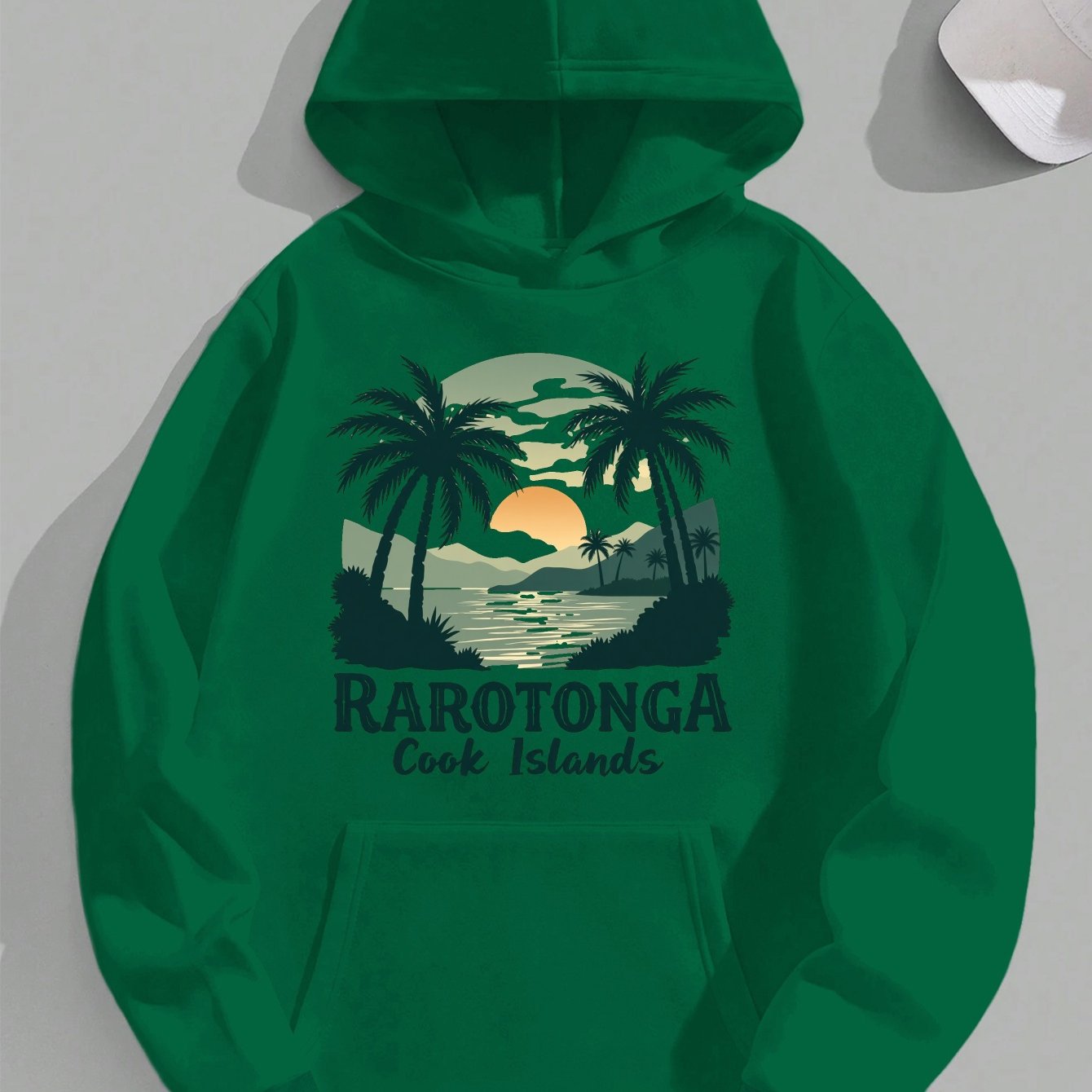 TEMU Plus Size Men's Cook Islands Hoodie - Casual Green Graphic Print Sweatshirt With Palm Tree & Sunset Design, Long Sleeve, Non-stretch Fabric,