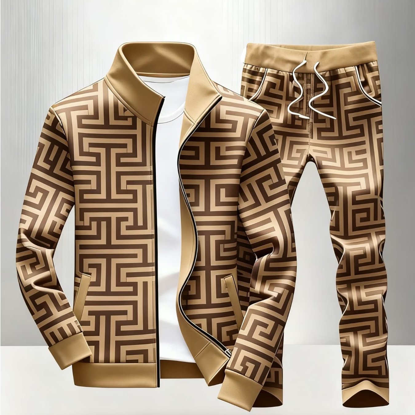 Men's Fashion Geometric Pattern Stand Collar Zip Jacket Drawstring Waist Jogger Pants Set Casual Trendy Fall Winter Street Style Outfits For Adults Men Casual Wear Sportswear