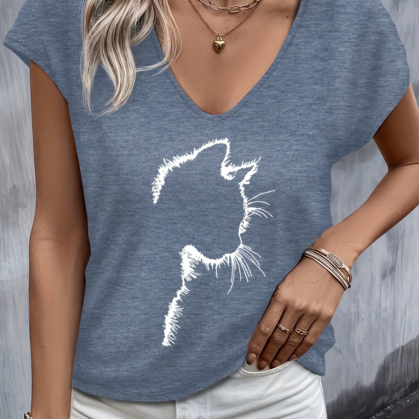 TEMU Camiseta sin estilo chaleco con estampado de gato para /verano, escote en V