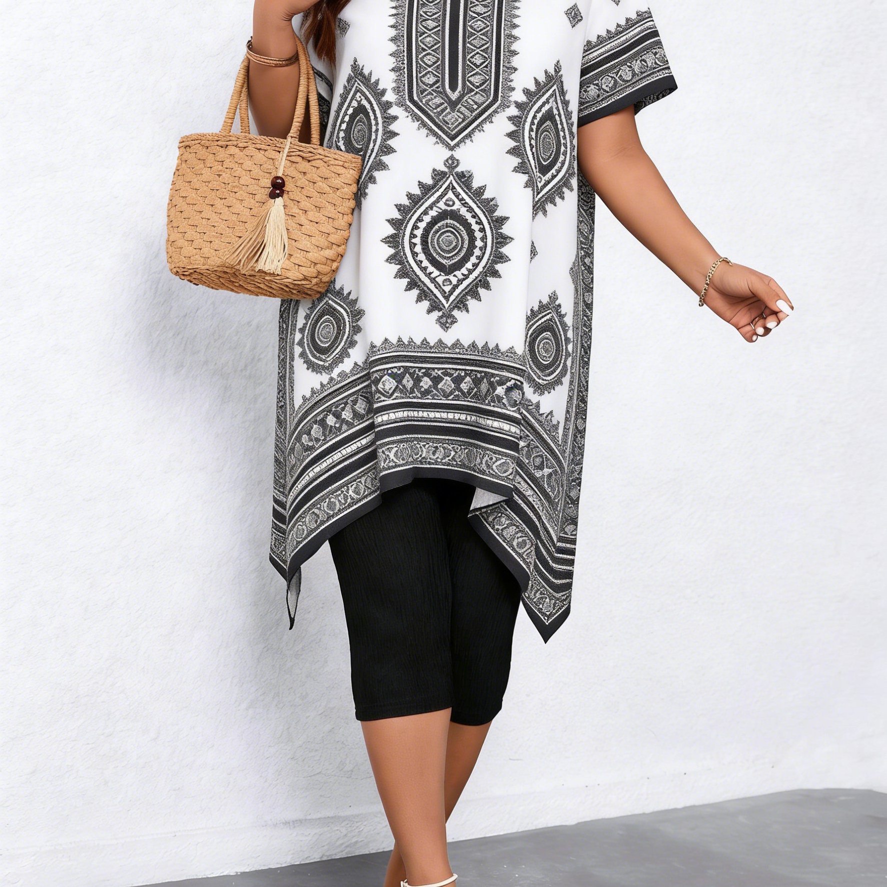TEMU Plus Size, New Summer Casual Asymmetric Hem Short Sleeve Top For Women, Ethnic Geometric Pattern