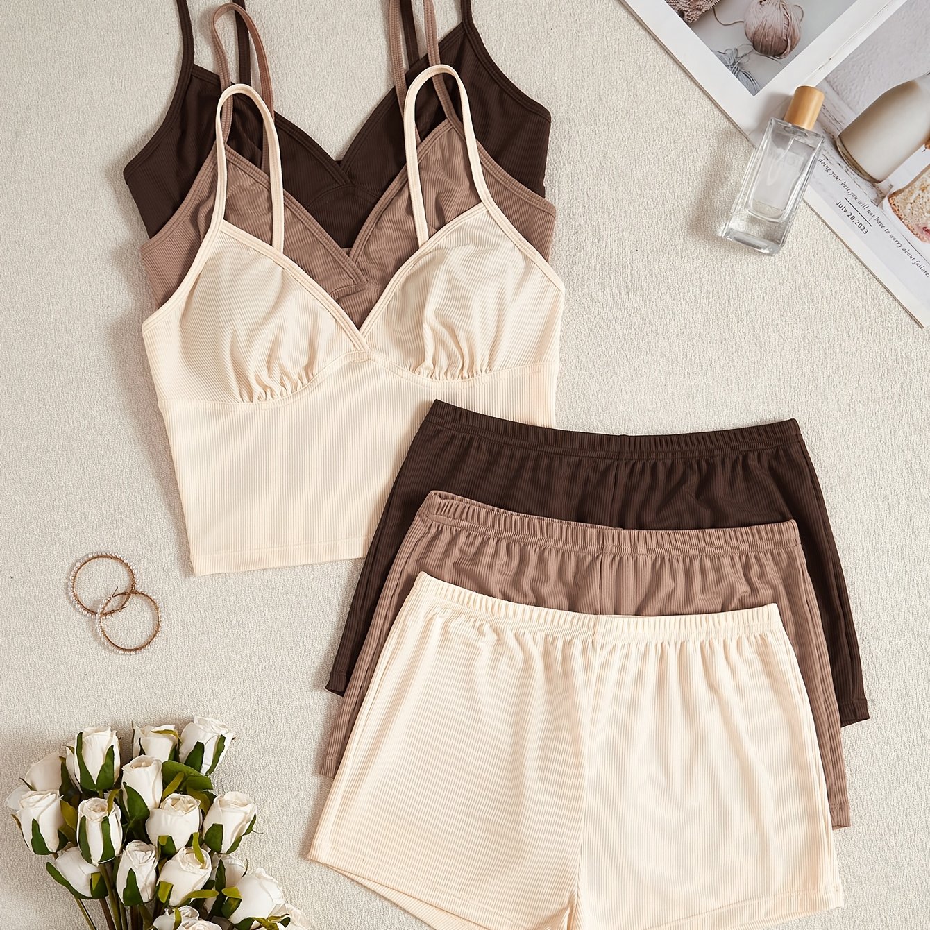 E-shop 6-teiliges Damen-Pyjama-Set in Unifarben mit bequemen Camisole-Shorts