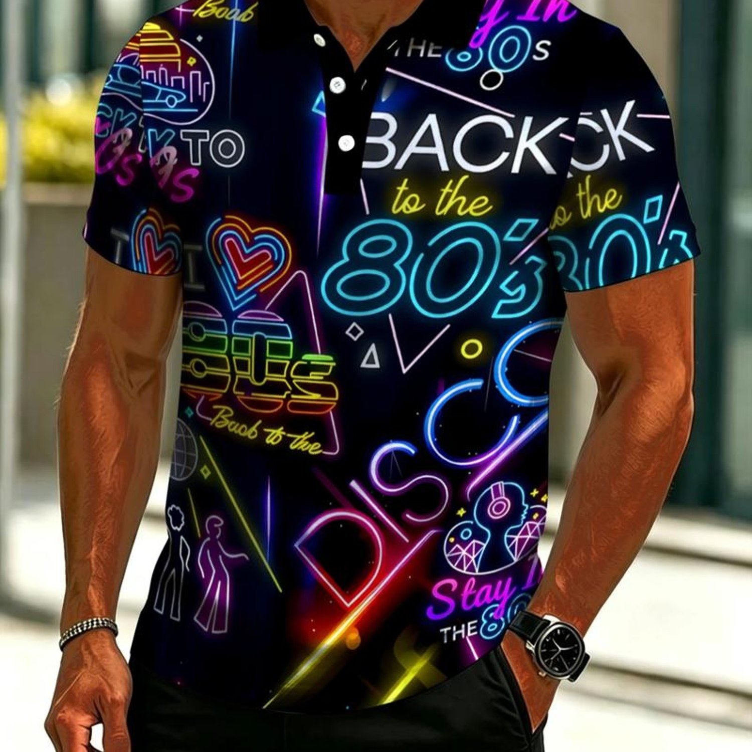 TEMU Men's Novelty Shirt, Back To 80s Art Design, Mixed Colors, Multiple Sizes , Vibrant Nostalgic 80s Fashion, Perfect For Casual Daily Wear And
