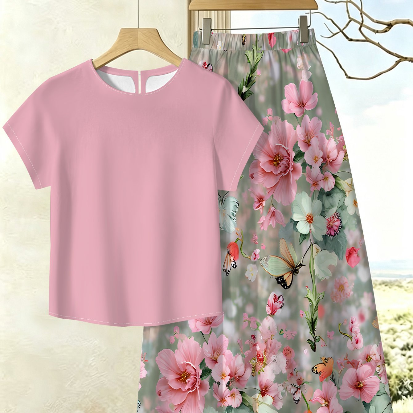 TEMU Gentle Style Women's 2pcs Set: Pink Solid Color Round Neck Short Sleeve Top + Floral Print Flared Skirt Casual Outfit, Daily Wear