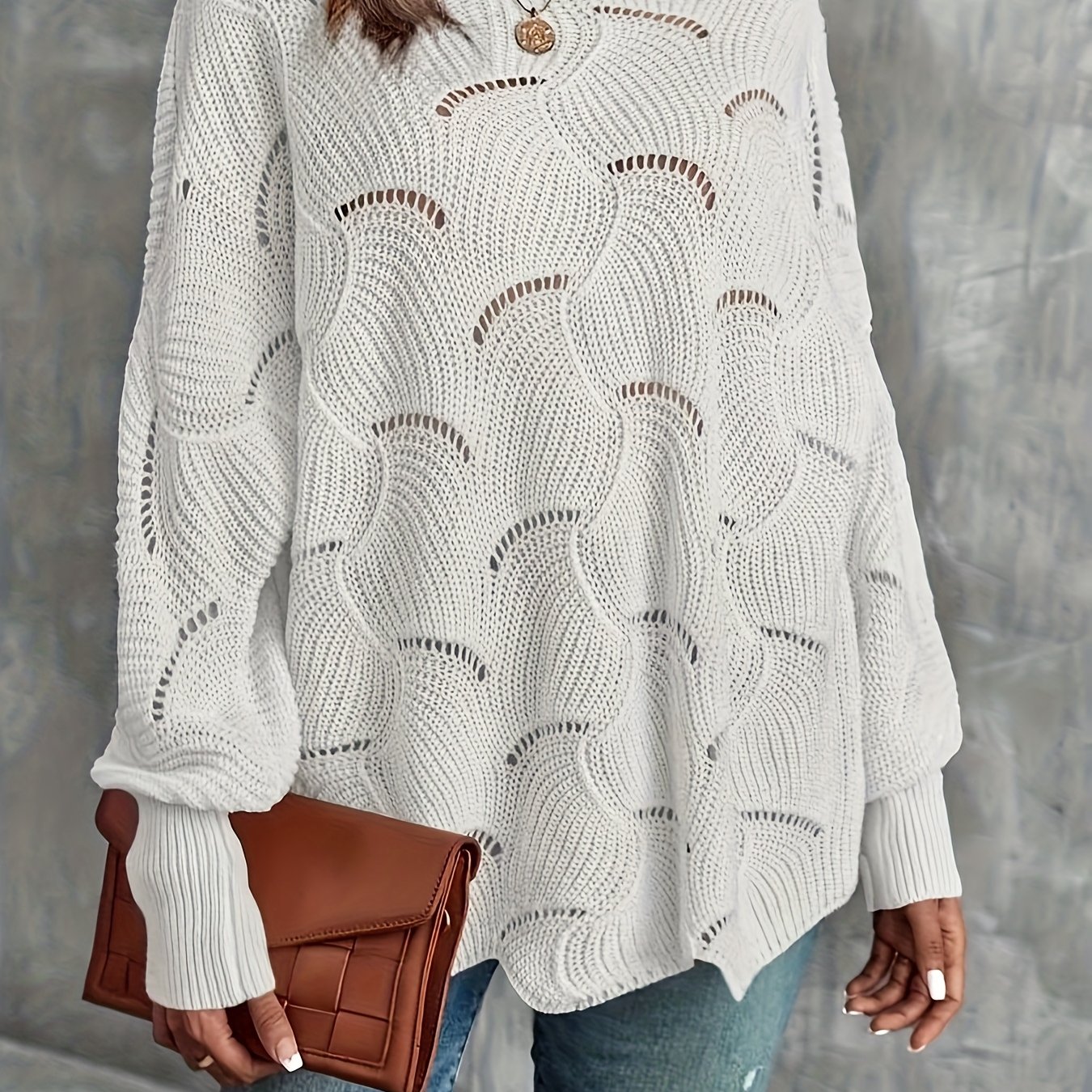 TEMU Vika Style -shoulder Cutout Sweater For Women, Loose Wave , Lantern Sleeve Sweater, Essential For Daily Outfits, Must-have For Autumn/ And ,
