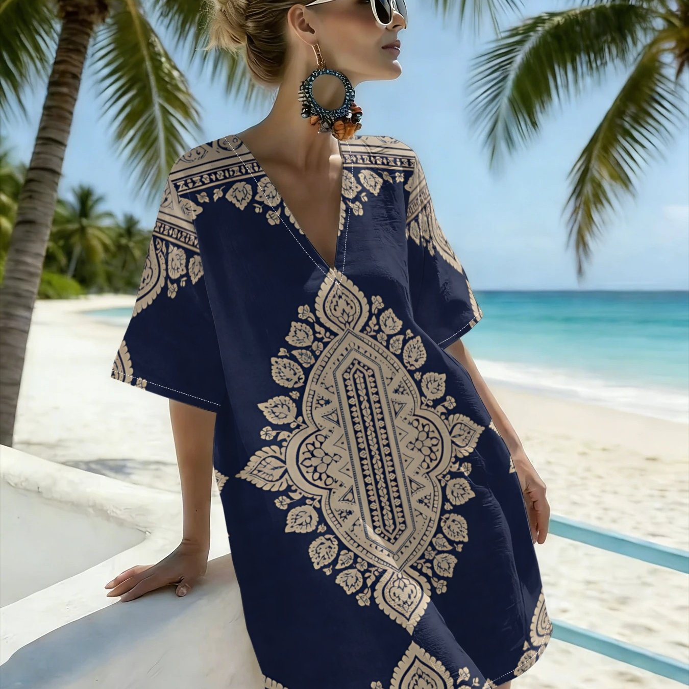 TEMU Women Dark Blue Ethnic Totem Print V-neck A-line Long Shirt Loose Retro For Beach Vacation