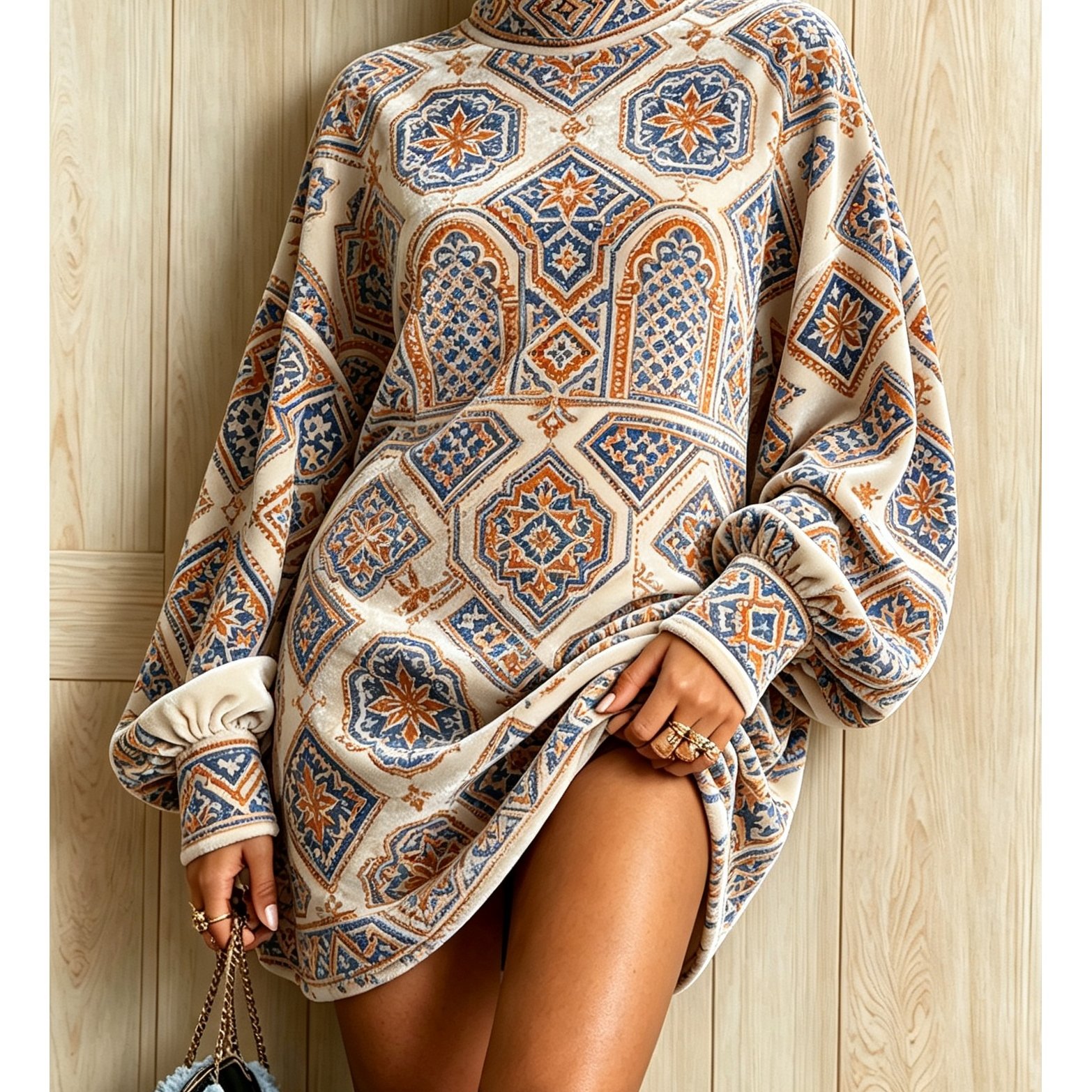 Image of Women's Velvet Mock-neck Sweatshirt With Relaxed Fit, Batwing Sleeves, And Chic, -back Cropped Design With Geometric Pattern - Elegant Casual Autumn/winter Piece, Versatile Loose Pullover
