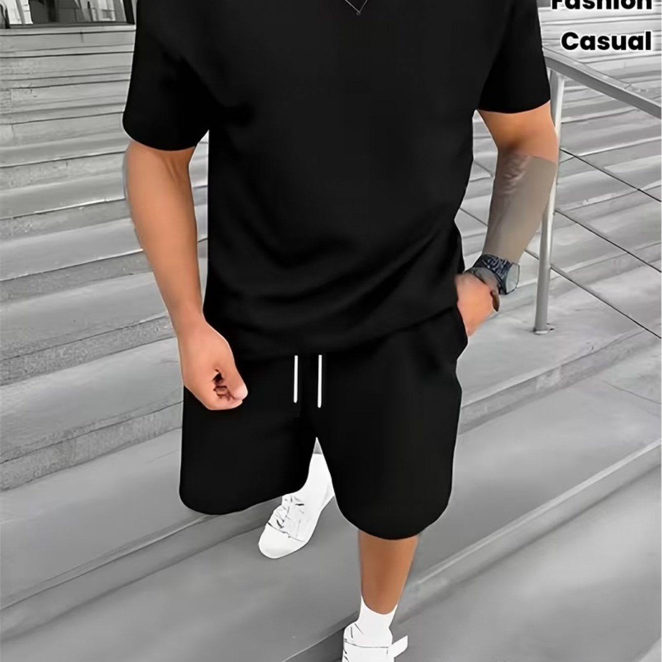 TEMU 2pcs Men's Fashion Outfit, Summer Casual Round Neck Short Sleeve T-shirt And Drawstring Shorts Set, Men's Vacation Fitness Wear Smooth Fabric